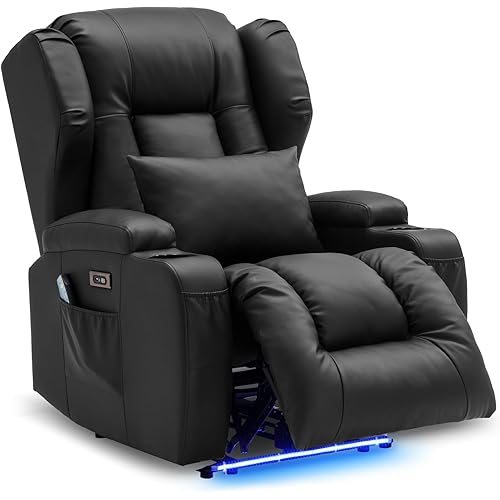 DRMBOOK Power Recliner Chair, Electric Wall Hugger Reclining Sofa with Massage & Heat, Overstuffed Theater Seating with LED/USB Port/Cup Holders for Living Room (Leather Black, 1 Chair)