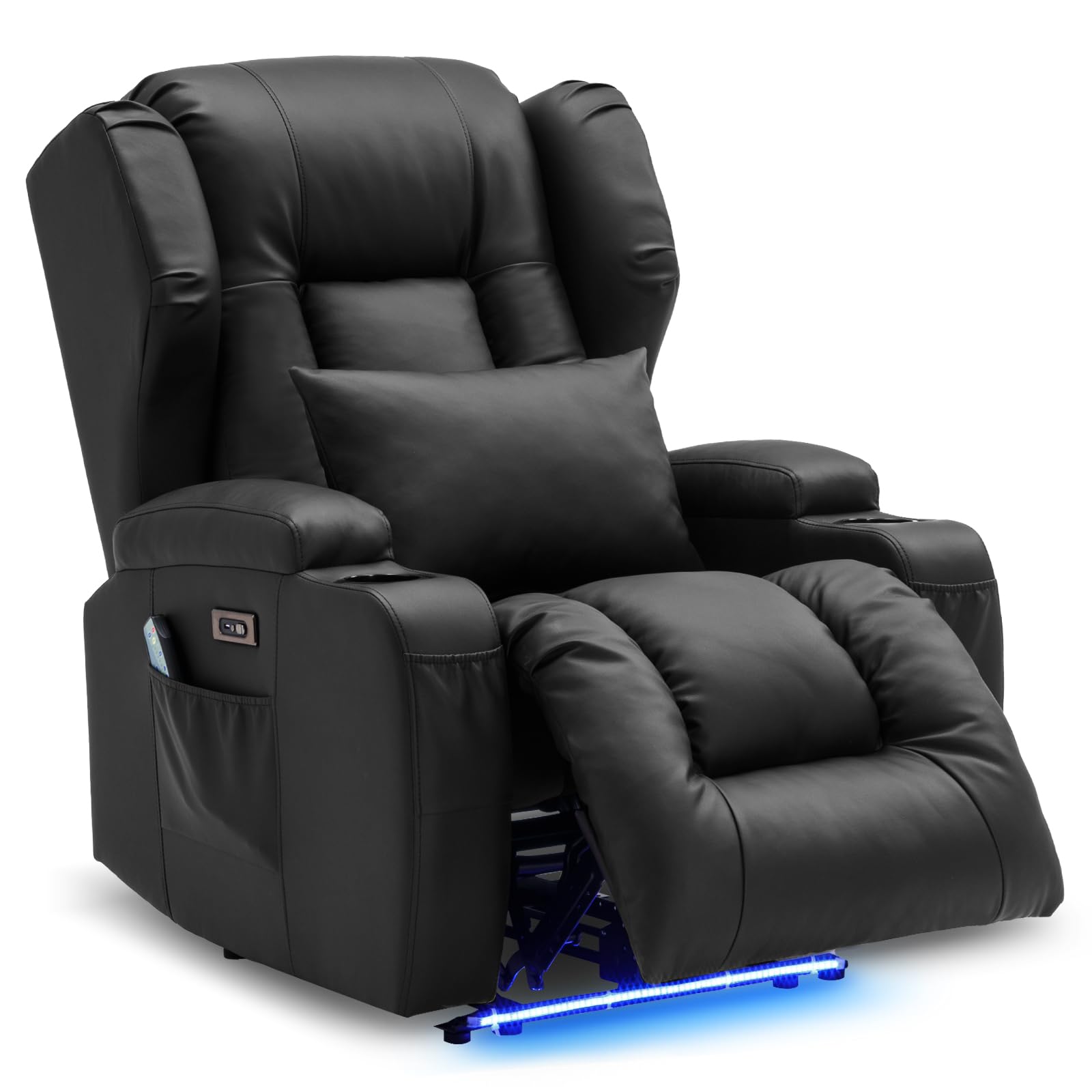 DRMBOOK Power Recliner Chair, Electric Wall Hugger Reclining Sofa with Massage &amp; Heat, Overstuffed Theater Seating with LED/USB Port/Cup Holders for Living Room (Leather Black, 1 Chair)