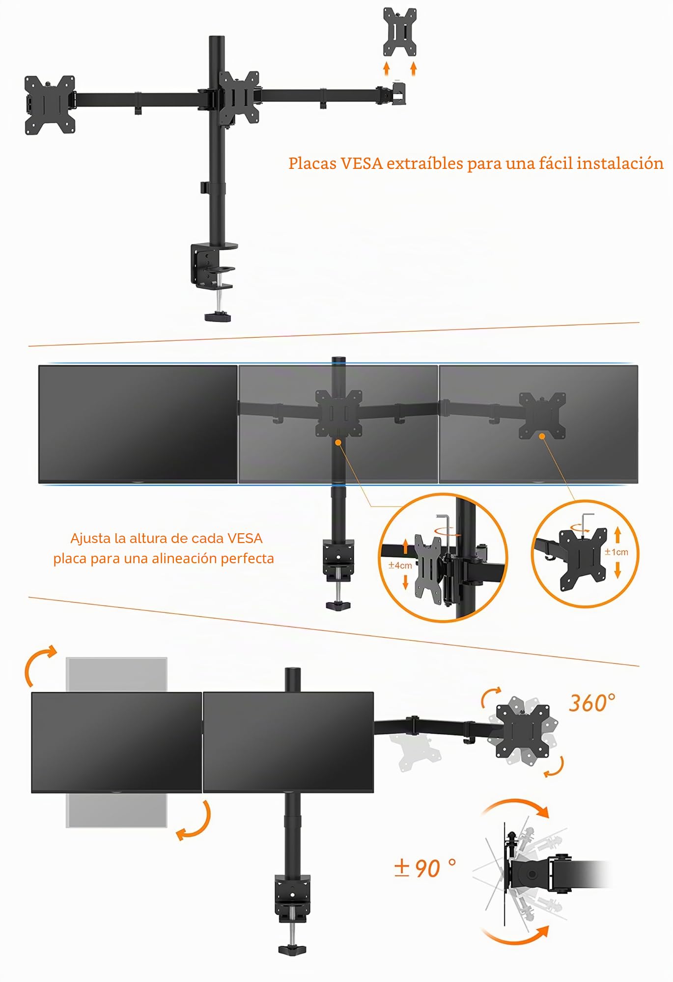 BONTEC Soporte Monitor para 3 Monitores 13-24 Pulgadas LED LCD, Brazo con Giro Rotación Inclinación, Altura Ajustable, VESA 75x100 mm