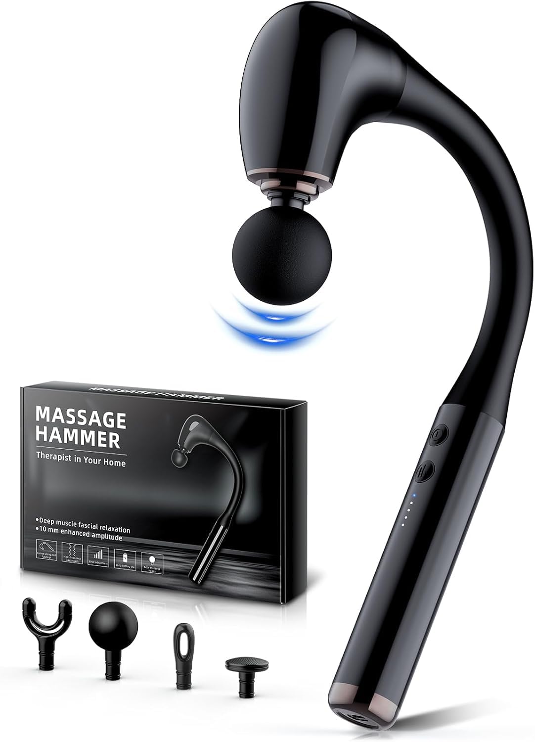 Pistola de masaje con mango extensible mejorado, pistola de masaje profundo de 10 mm, 5 niveles de velocidad, masajeador de espalda con 4 cabezales, masajeador portátil para músculos/cuello/hombros/ci