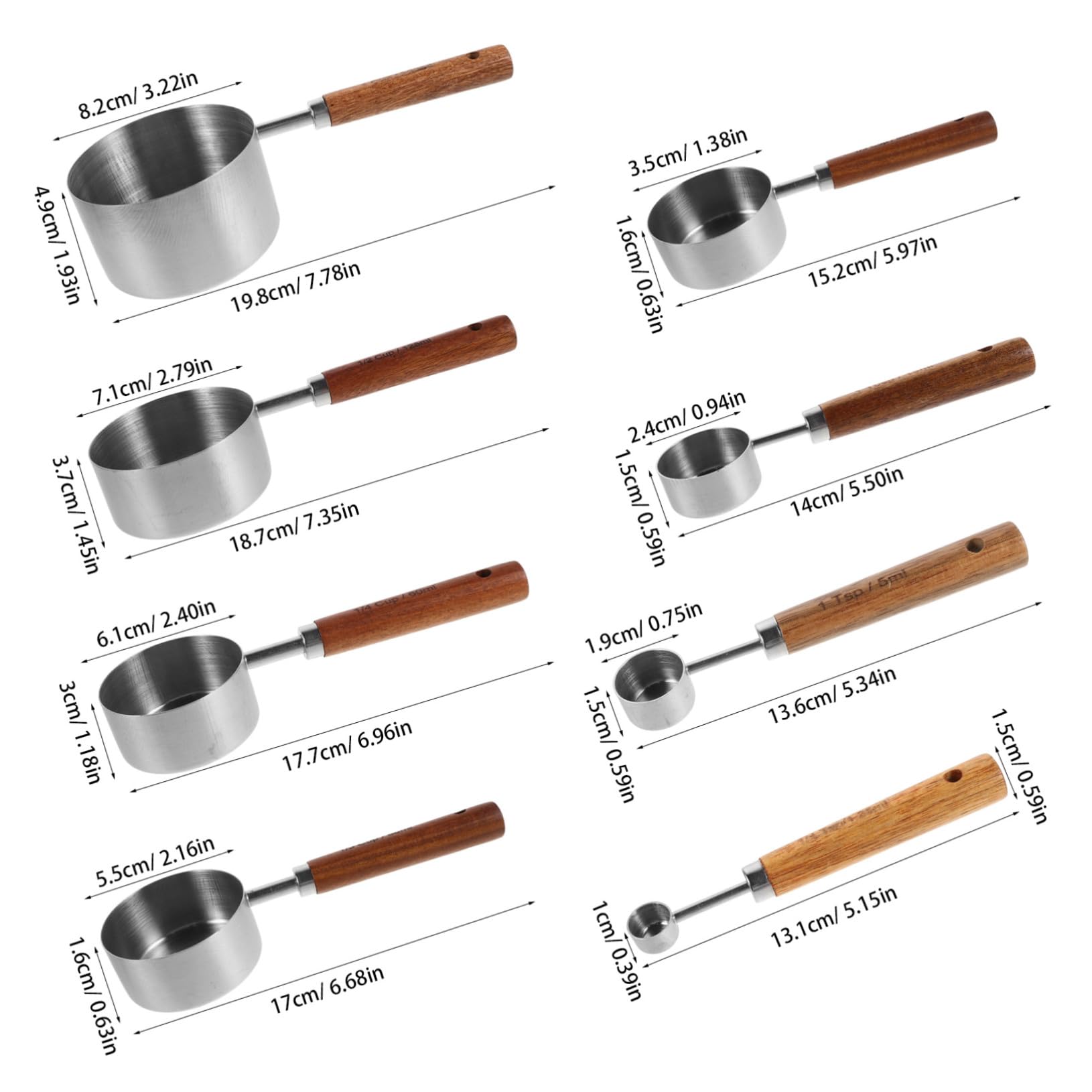 Cuillère Doseuse en Acier Inoxydable, Manche en Bois, Lot 8 Pièces