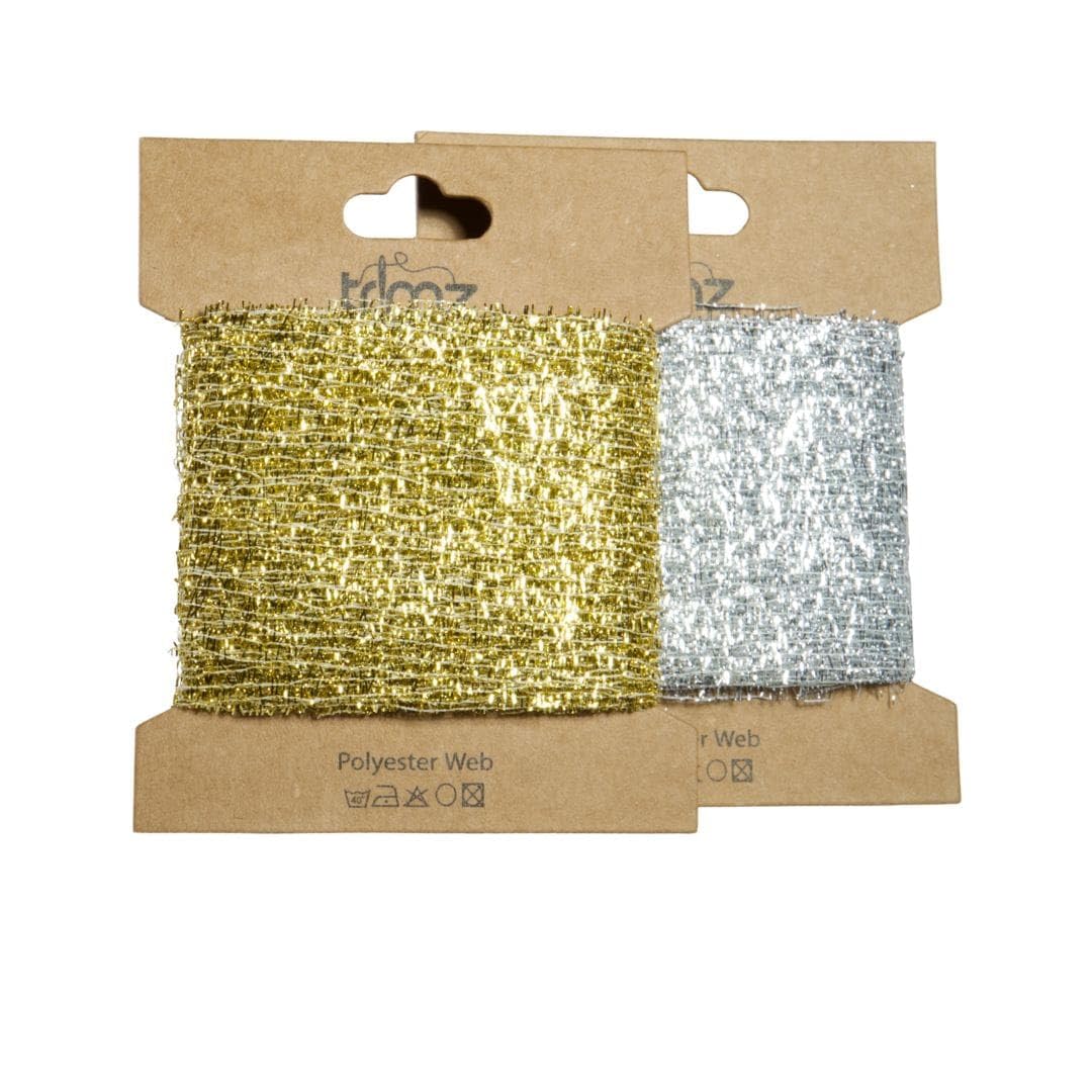 Metallic Webbing Duo – Gold Webbing Card (3m) and Silver Webbing Card (3m) – Decorative Trimming Set for Crafts, Gift Wrap, and Home Décor Projects