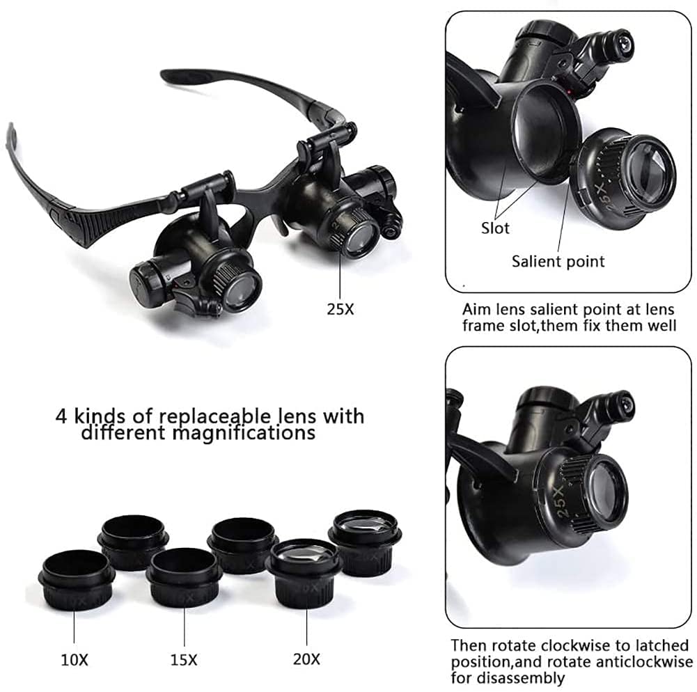 Lupas Dentales, Lupas para Joyeros Y Relojeros - Lupas Binoculares - Lupa De Diadema - Lupa De Cabeza - con 2 Luces Led Y 4 Lentes Intercambiables 10X/15X/2