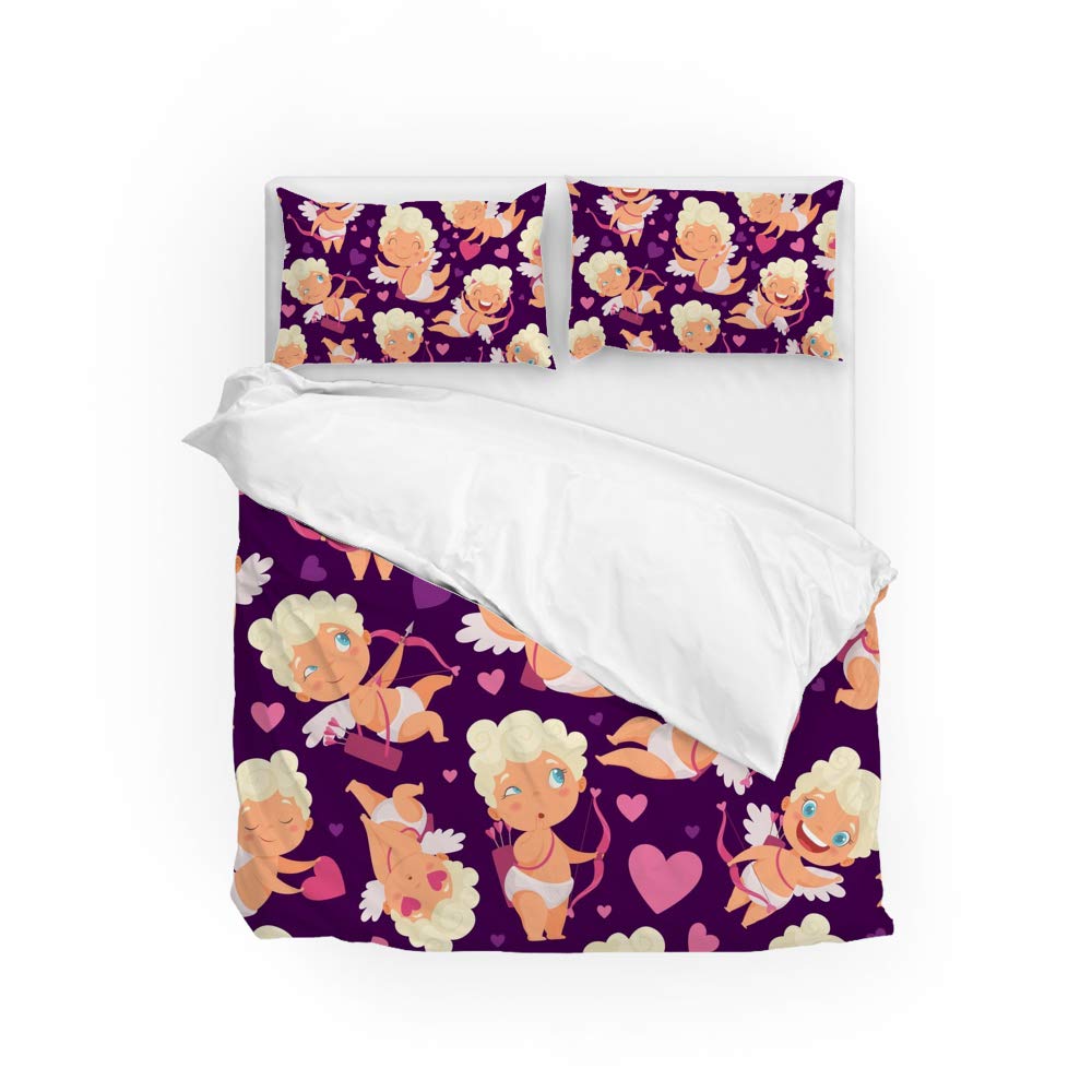 Housse de couette motifs cœurs roses et taies d'oreiller en polyester doux CHEHONG