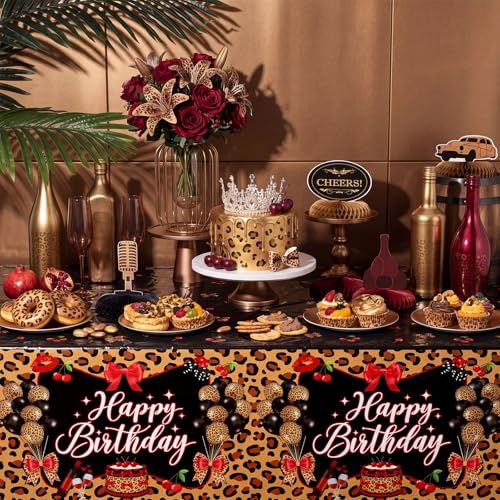 Image of Hahafelt 3 Pcs Cheetah Cherry Disposable Tablecloth Happy Birthday Leopard Table Cover 54 x 108 Inch Plastic Table Cloth Birthday Party Decorations Supplies for Boys Girls Women Men