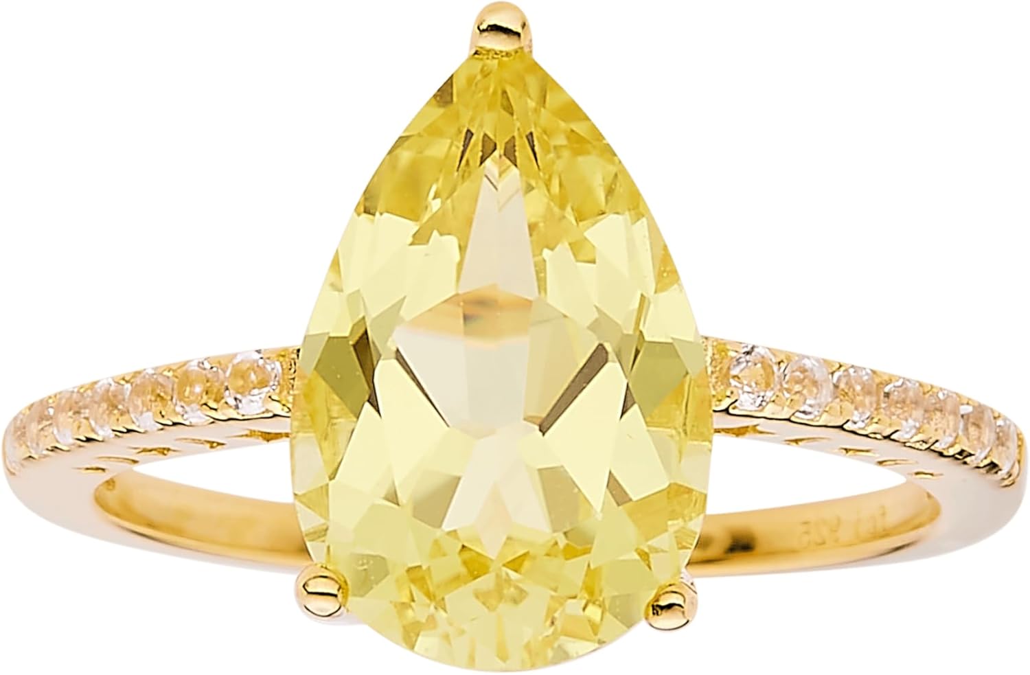 Fine Color Jewels Lab Grown Canary Yellow Sapphire Pear Shaped Solitaire Ring in 18 kt Yellow Gold Plated Sterling Silver