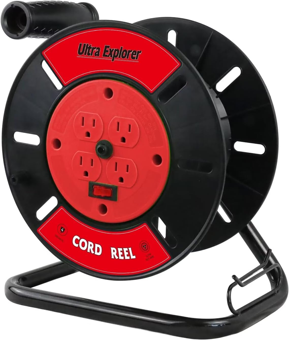Extension Cord Storage Reel with 4-Grounded Outlets, Heavy Duty Open Cord Reel for 12/3 14/3 16/3 Power Cords, Portable Empty Hand Crank Electric Cord Roller Holder, Red