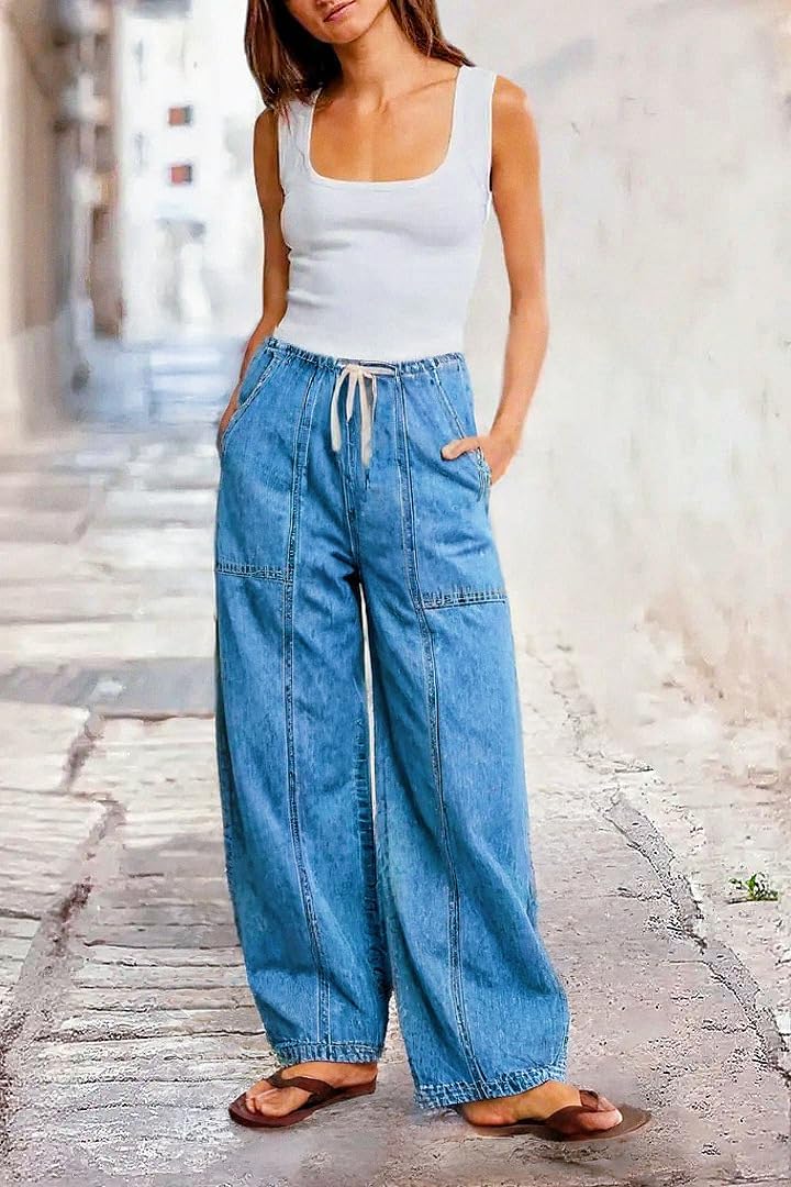 yoeasy Women Wide Leg Jeans Drawstring Waisted Denim Pants Y2k Baggy Loose Fit Barrel Jeans with Pockets
