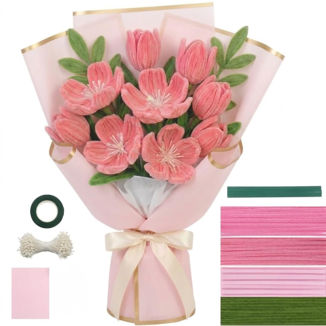 DIY Flower Bouquet Making Kit – 200 Pipe Cleaners (4 Colors), 12 Stems, Floral Tape, Stamen & Wrapping Sheet | Handmade Craft Kit for Kids & Adults | Gift Making, Decoration & Art Craft Supplies-image-43