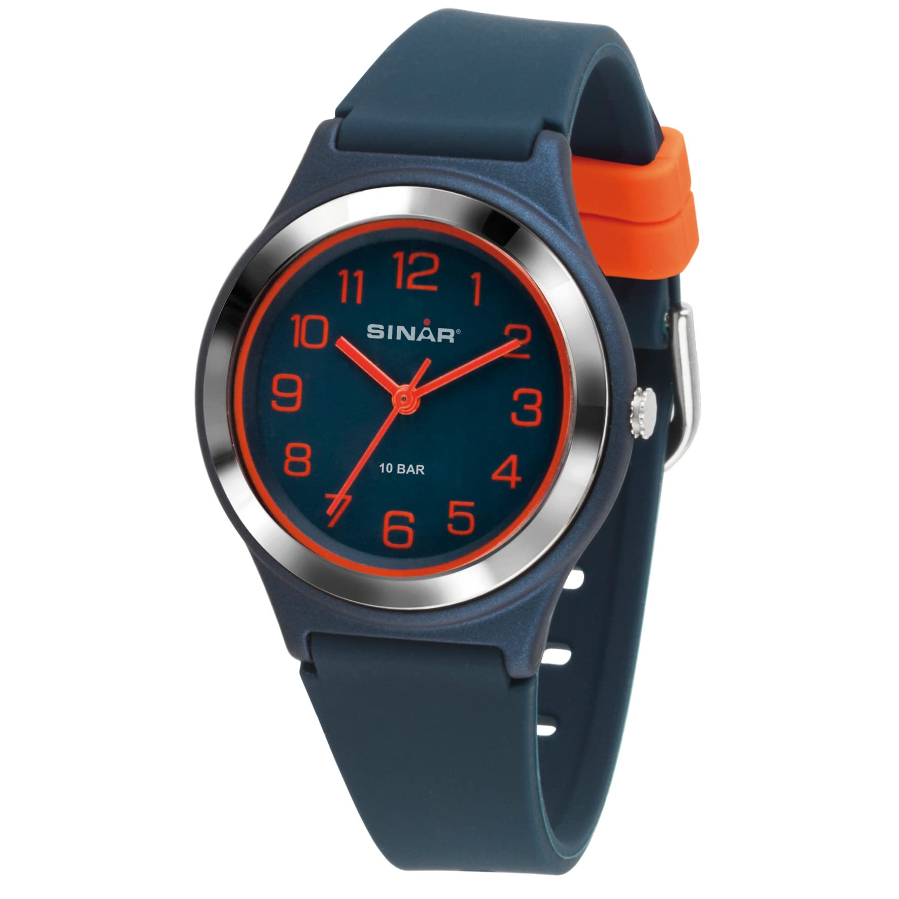 SINAR XB-48-12 Reloj de pulsera para niños analógico cuarzo 10 bar resistente al agua correa de silicona azul oscuro naranja