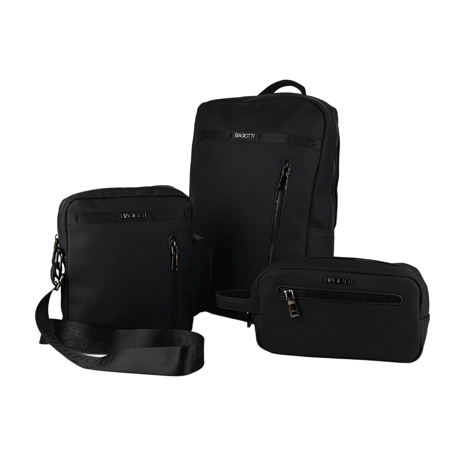 Biagiotti Uomo Set 3 pezzi con Zaino porta PC, Pochette e Borsello Uomo, In PU Impermeabile, Casual Elegante