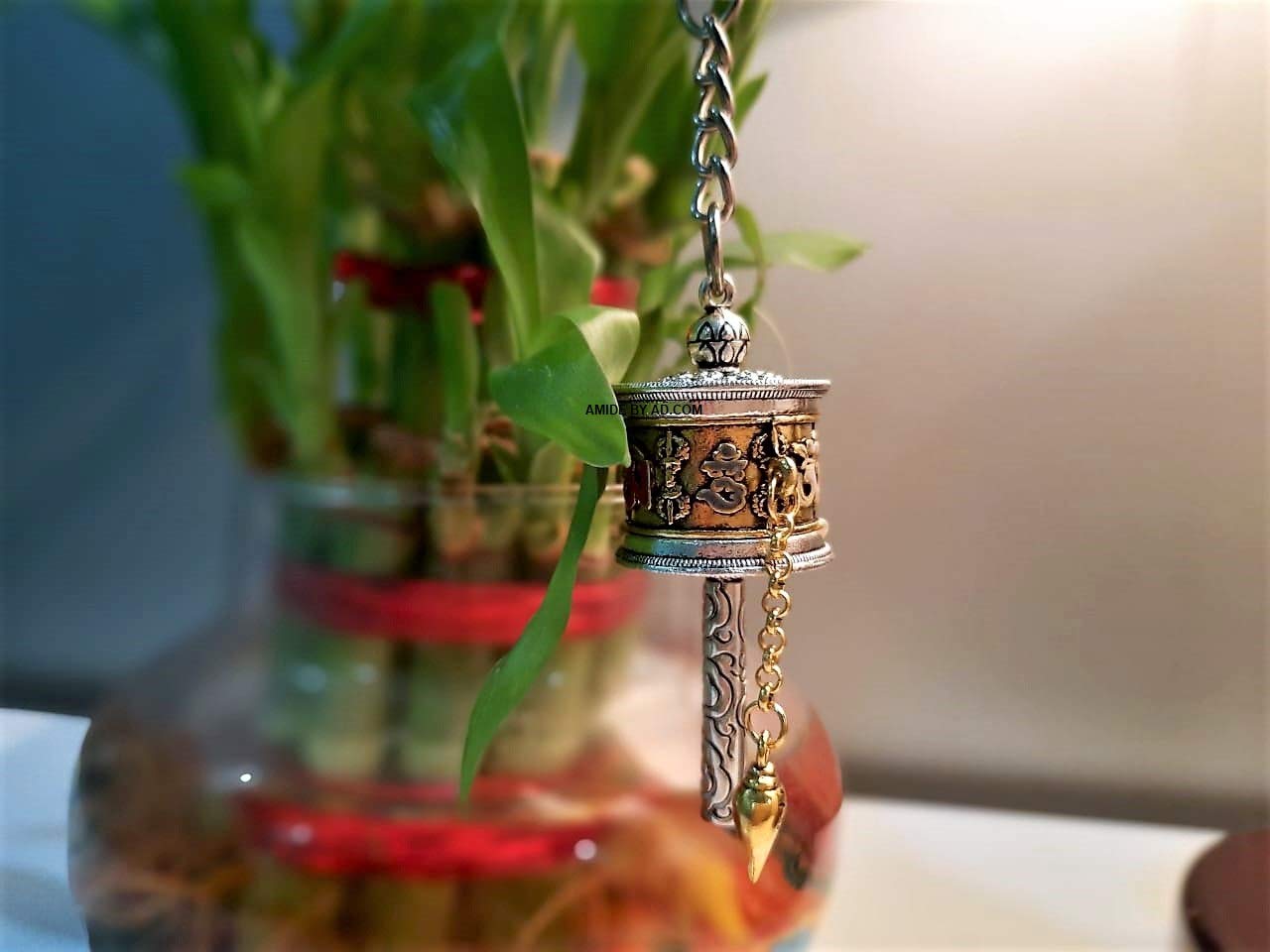 AMIDE BY AD .COM; THINK BIG Turkish Feng Shui Tibetan Golden Color Prayer Wheel Key Chain for Car | Bike with Complete Metal Work | Good Luck Charm | Wall Hanging in Metal |
