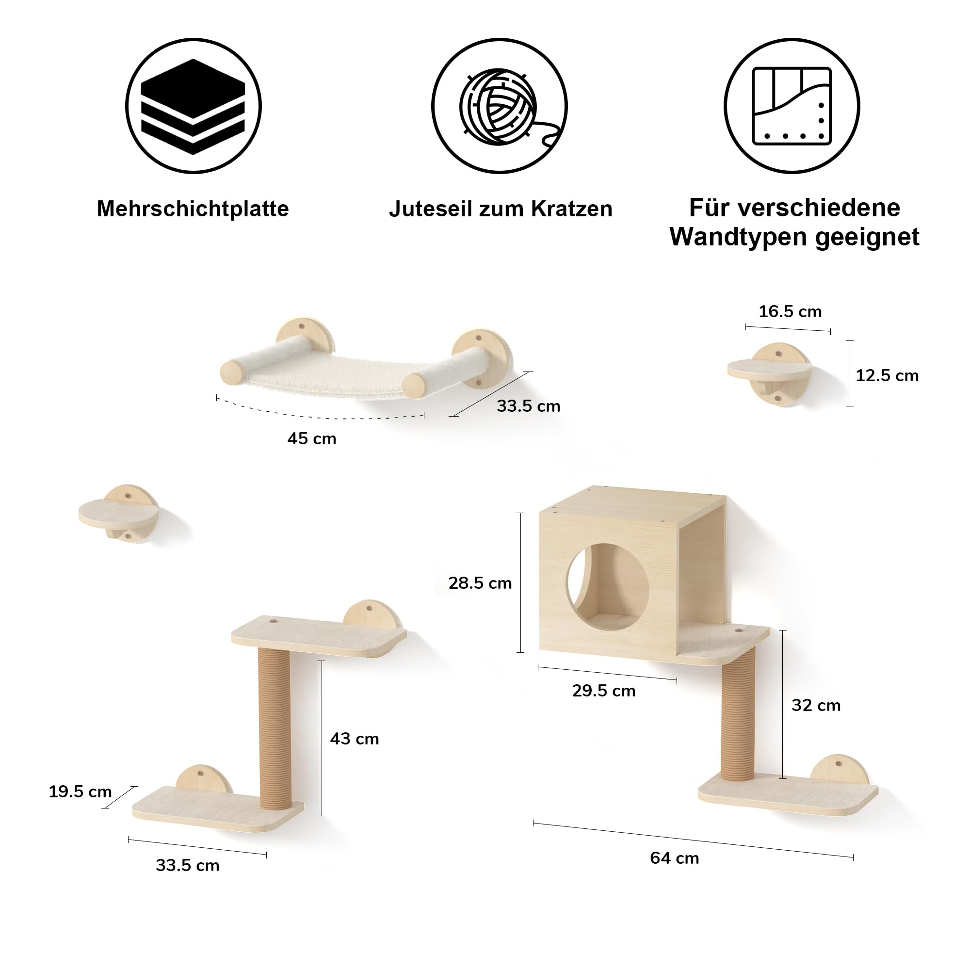 FUKUMARU Kletterwand für Katzen, 5-teiliges Wandregal-Set aus Birken-Multi-Schichtplatte, stabiles Katzenwandmöbel mit Hängematte, Katzenhaus, Katzentreppe und Kratzbaum, beige