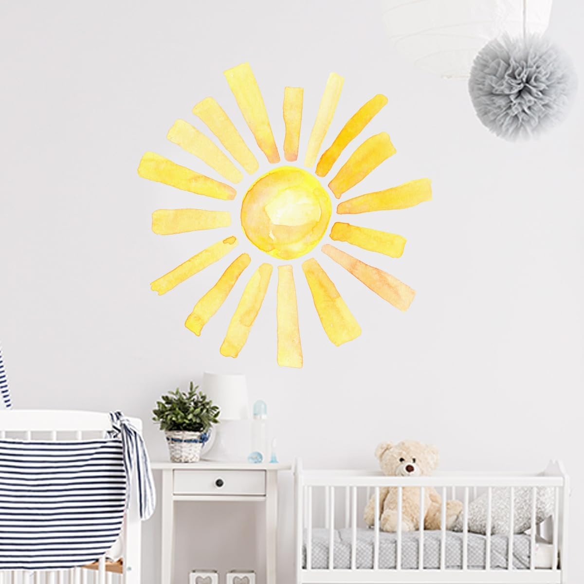 Cumule Boho Watercolor Sun Wall Decals, 22.44x22.04 Inch, Yellow, PVC, Indoor, Nursery Wall Stickers, Rectangular, Cartoon, Sun-1, 2 Pack