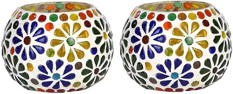 Image of Home Decor | Roli Poli Tealight Votive | Tealight Candle Holder | Mosaic Broken Glass Tea Light Votive - Assorted Multicolored (Set of Two)