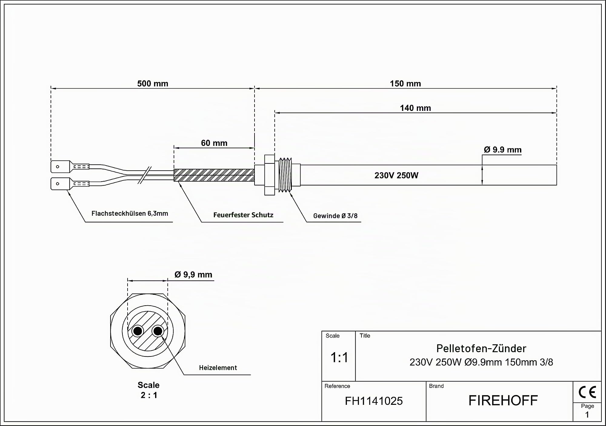 Glühzünder/Zündkerze für Pelletöfen, 250 W, 140/150 mm, Durchmesser 9,9 mm, Gewinde 3/8 mit Kabelschuhen - 1 Jahr Garantie