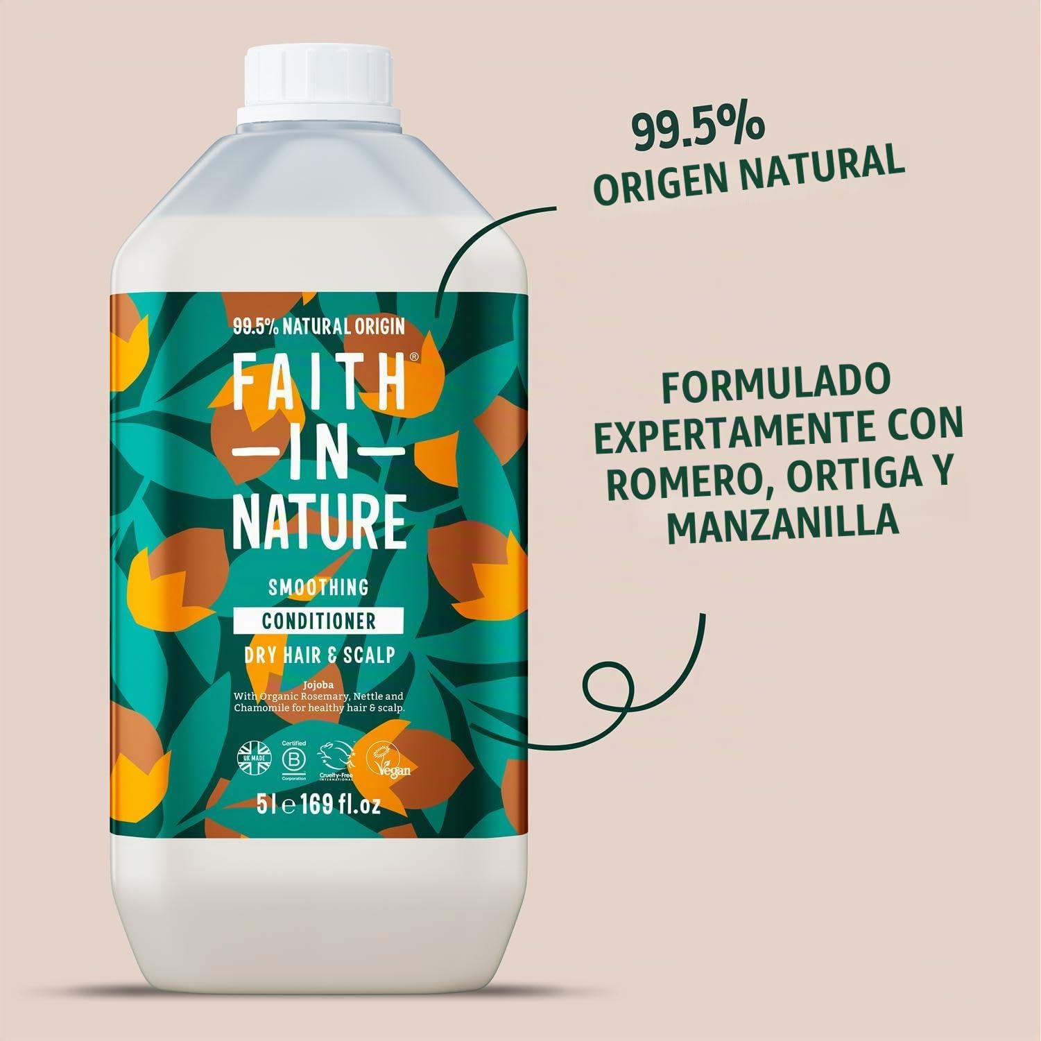 Faith in Nature Acondicionador Natural de Jojoba, Suavizante, Vegano y No Testado en Animales, sin Parabenos ni SLS, para Cabello de Normal a Seco, Recarga de 5 l