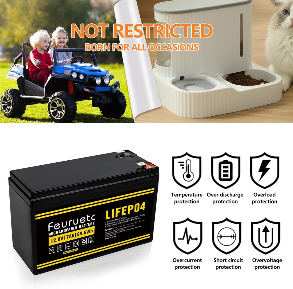 12V 7Ah Lithium LiFePO4 Battery 2000+ Deep Cycles Rechargeable Battery for Solar Powar, Lighting, Power Wheels,children's electric toys Fish Finder and More, Built-in BMS (12V 7Ah*1)