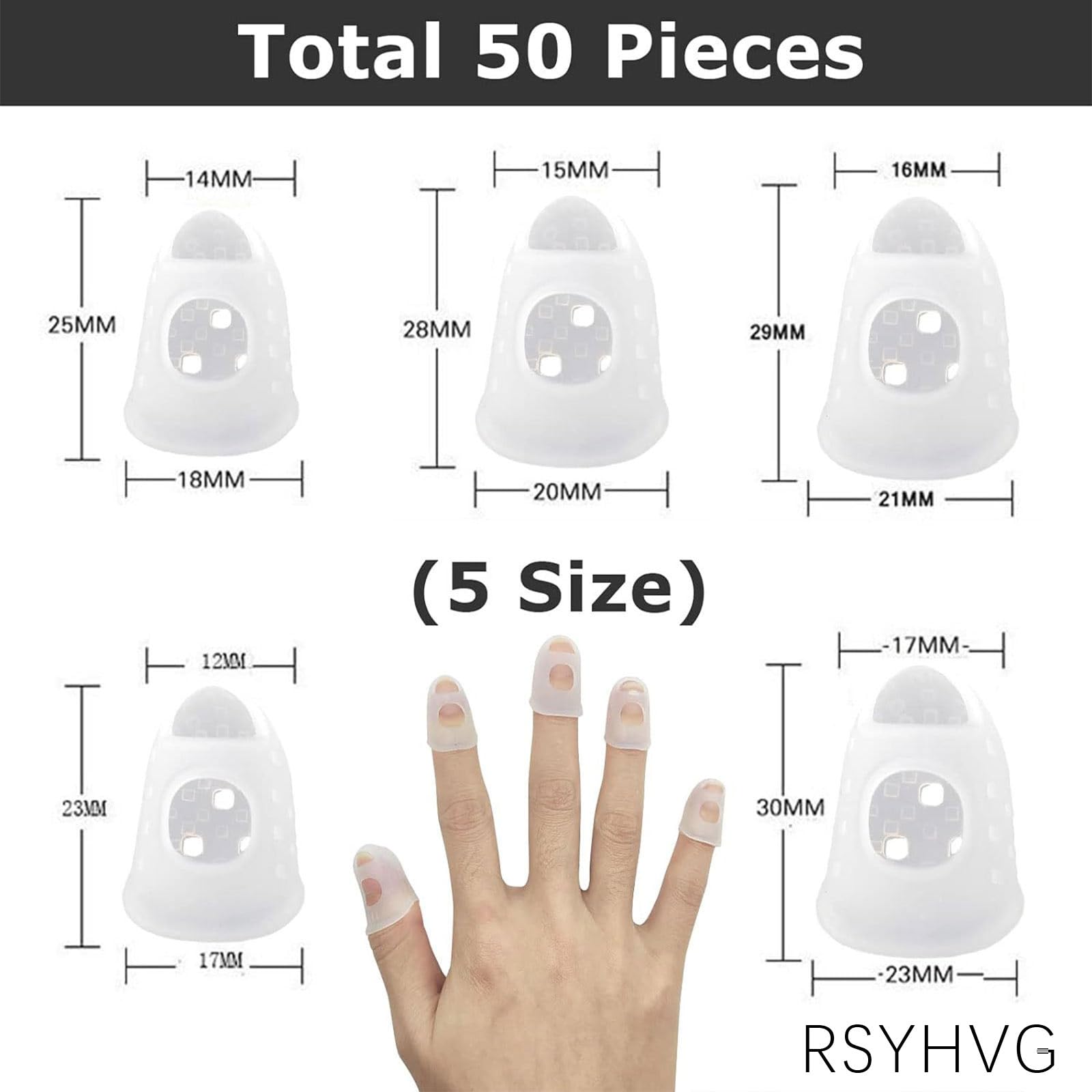 RSYHVG 50 Pieces Silicone Guitar Fingertip Protectors 5 Sizes Finger Guards Fingertip Protection Covers Caps Anti Slip Finger Pads for Playing Musical Instruments Sewing - Image 2