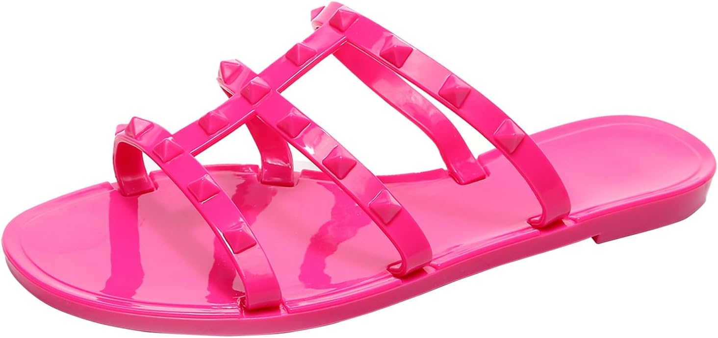 Women Flats Sandals, Studded Jelly Shoes Size 9 Red Dressy Summer Beach Rivets Strappy Jellies Slide Slip On Open Toes
