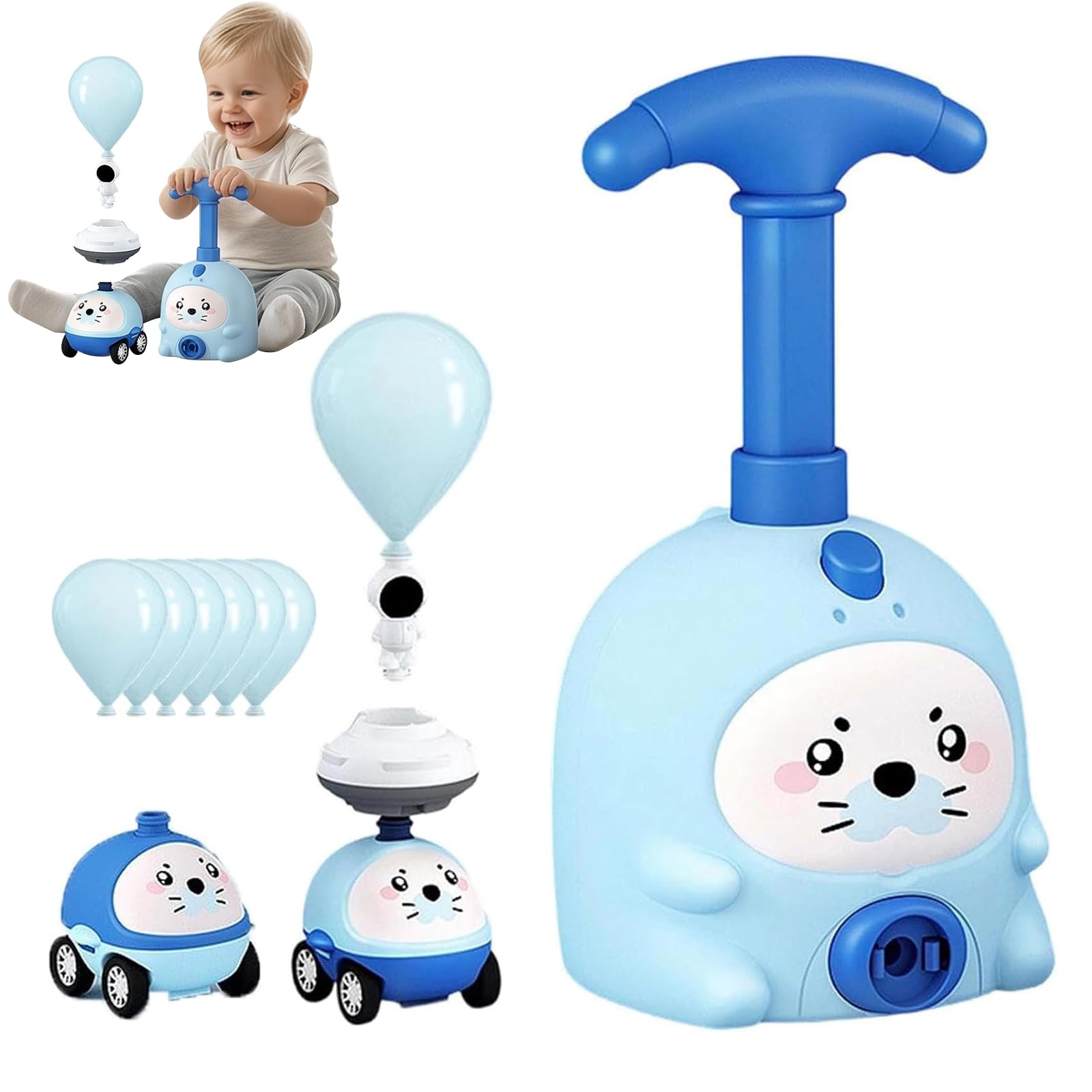 Animal Air Powered Balloon Car Toy, Balloon Car Toys Pump Set for Kids, Balloons Launcher Toy with 2 Cars, Kids Air Inertial Pump Cars, STEM Educational Toys for Boys Girls 1 2 3 4Years Old (Seal)
