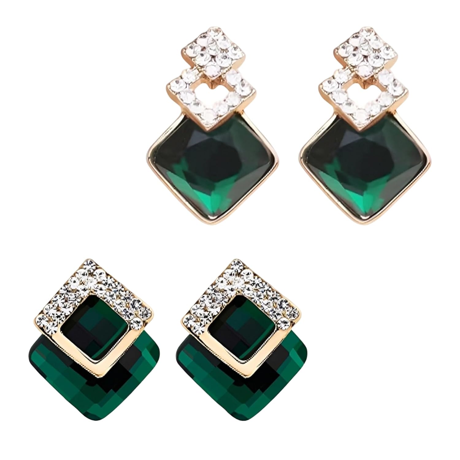 2 Pairs Stylish Western Stone Earrings for Women, Green Square Crystal Stud Earrings, Elegant Studs for Girls, Fashion Jewelry for Dailys Wear and Special Occasions