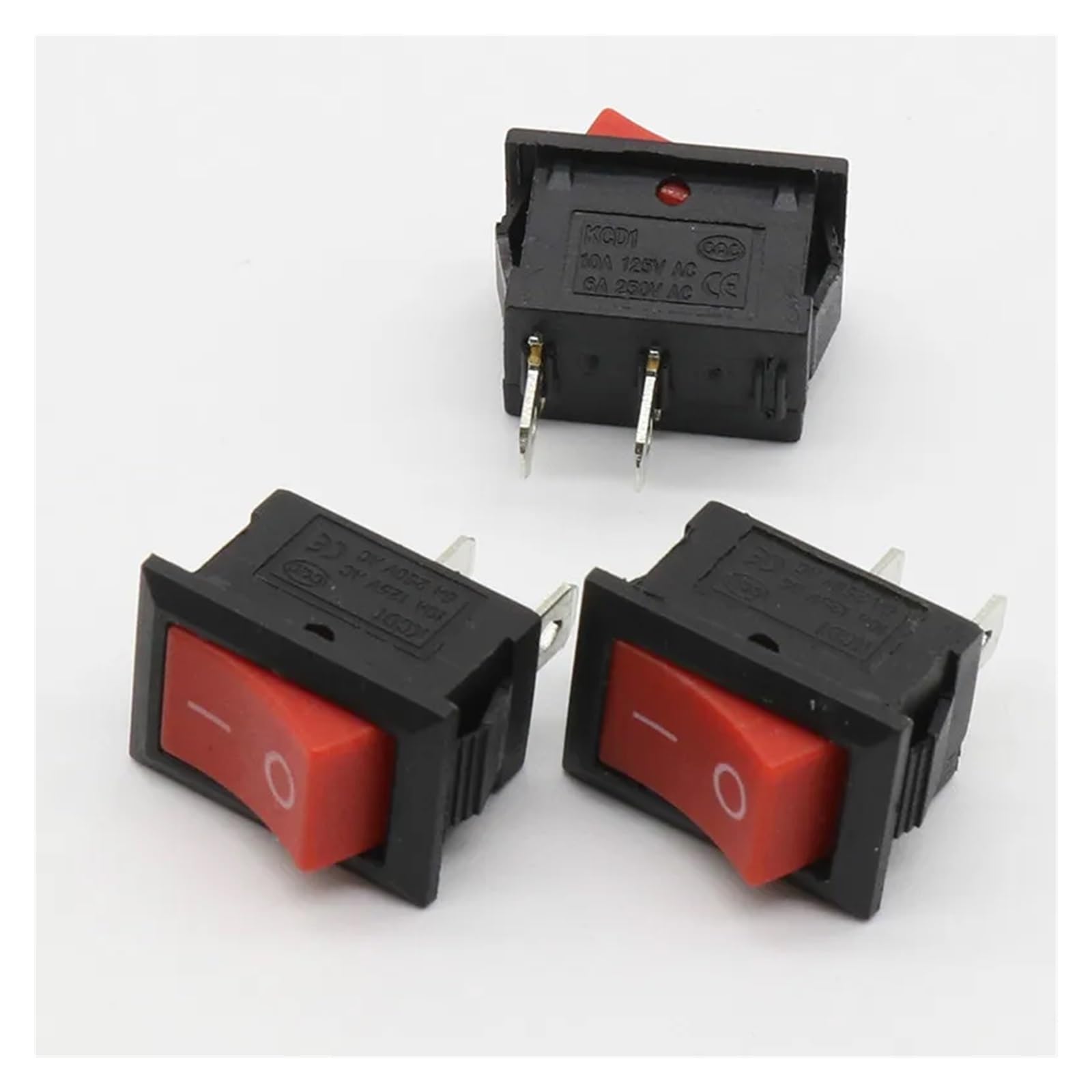 LKHRIPMA 10pcs 15 * 21MM KCD1-101 AC 6A 250V 2 Pin ON/Off I/O SPST Snap in Red Button Boat Rocker Switch