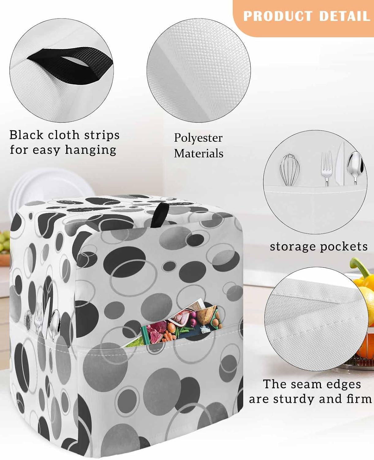 Grey Black Polka Dots Stand Mixer Cover with Storage Pocket, Waterproof Kitchen Mixer Covers, Modern Abstract Art Kitchen Appliance Dust Cover Compatible with 4/4.5 Quart Mixers
