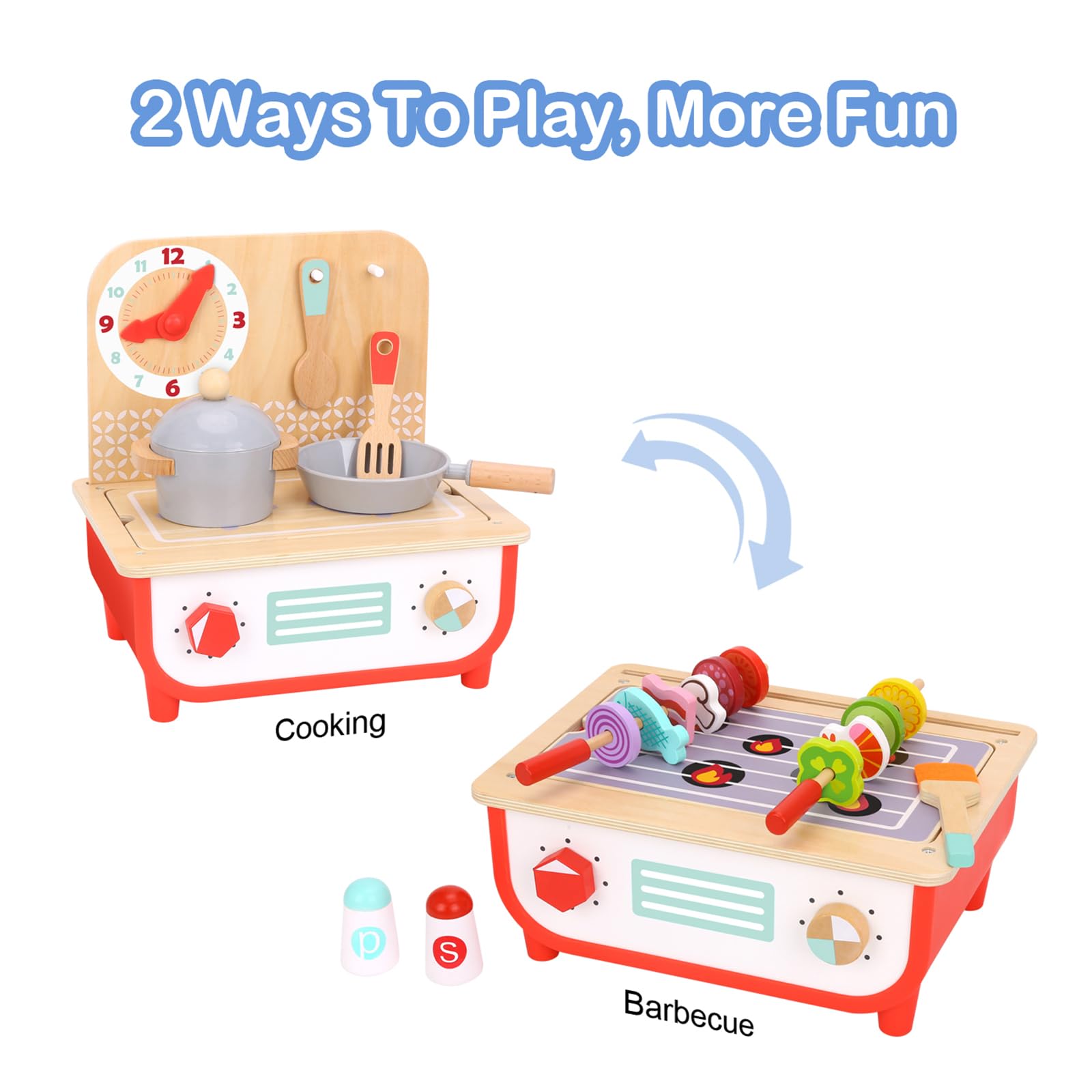 Wooden Toy Cooking Set for Kids Girl & Boy Kitchen Playset | Converts from Toddler Grill Playset to a Play Stove | Play BBQ Grill Set for Kids