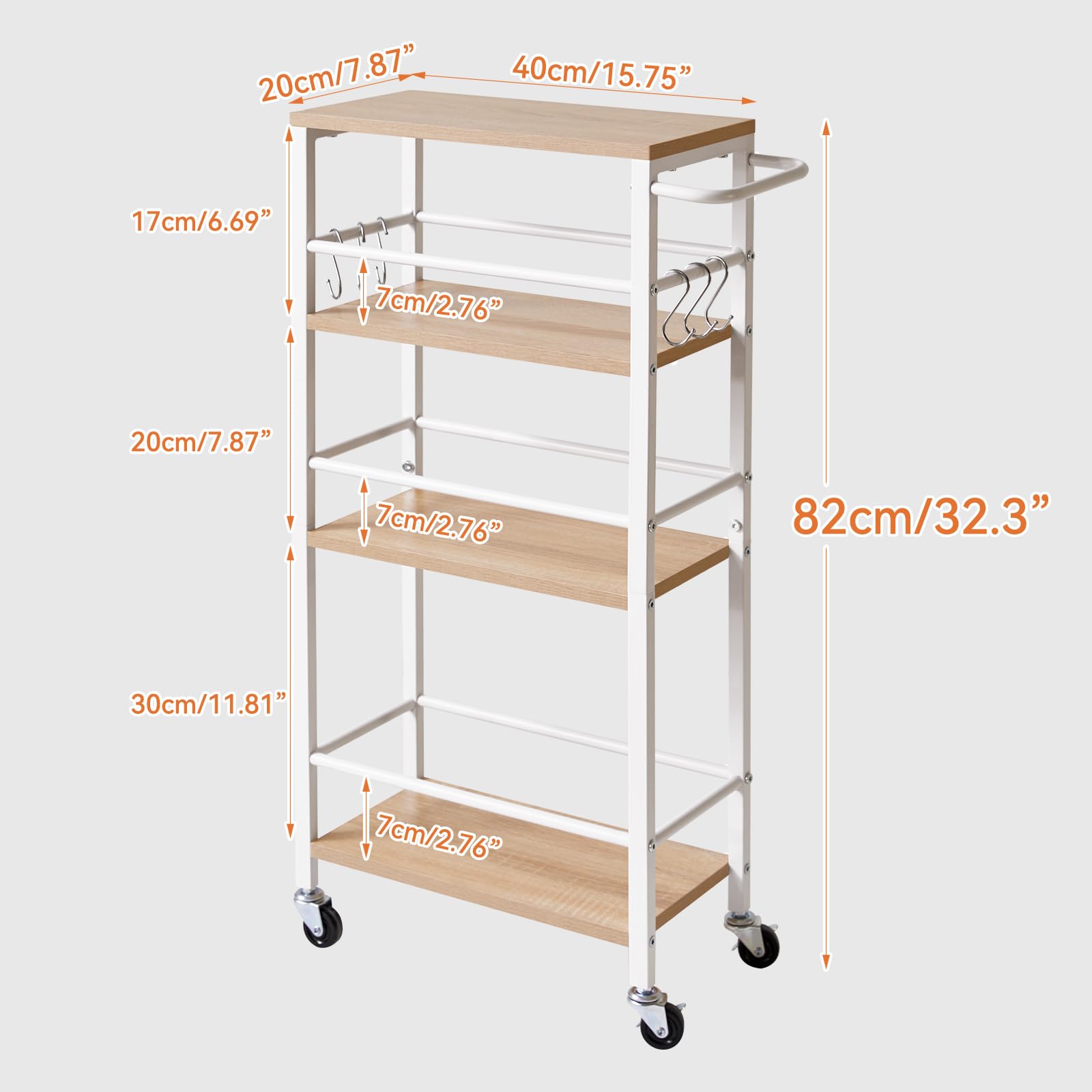 IBUYKE Küchenwagen schmal 20cm breit,Metall Rollwagen 4 Ebenen,Nischenregal auf Rollen,mit Griff und hölzerne Tischplatte,für Küche, Bad,Wohnzimmer, Arbeitszimmer,Natürlich TMJ065R