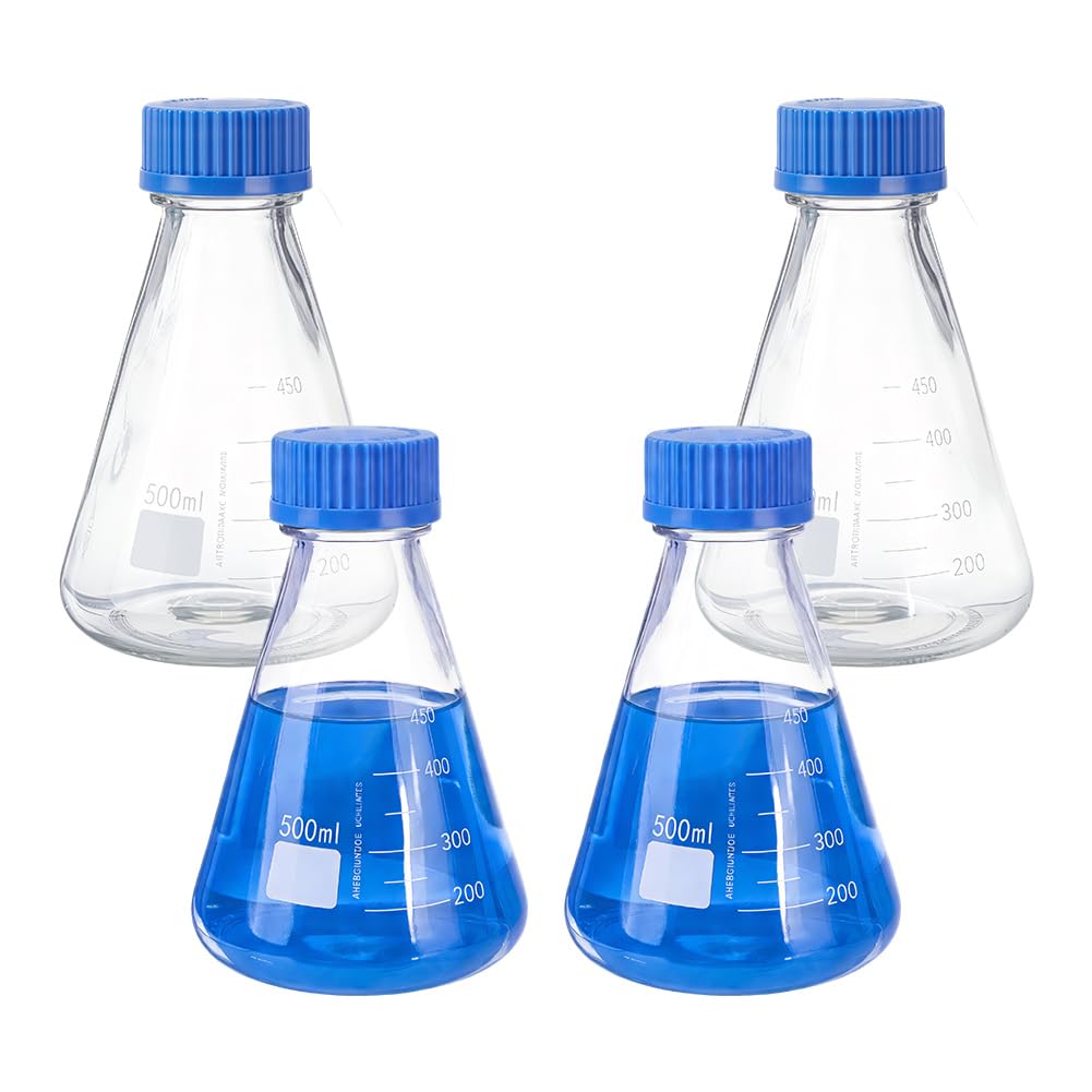 OLYCRAFT 4 Erlenmeyerkolben Set Mit Blauem Deckel 500 ml Aus Glas Mit Aufgedruckter Graduierung Konische Glasflaschen Mit Blauem Deckel Für Laborexperimente