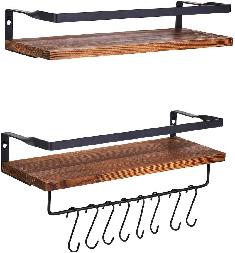 Micup Floating Shelves Wall Mounted Set of 2 Rustic Wood Storage Shelf for Bathroom, Bedroom, Kitchen, Living Room (with Removable Hooks, Dark Brown)