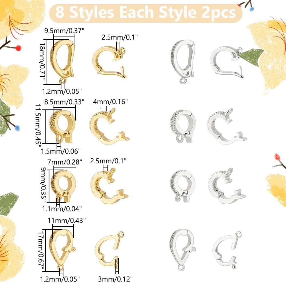 WADORN 16Pcs 8 Styles Necklace Shortener Enhancer Clasps, Brass Cubic Zirconia Diamond Connector Openable Pearl Enhancer Click Lock Clasp for DIY Jewelry Findings Crafts Making Necklace Bracelet - Image 2