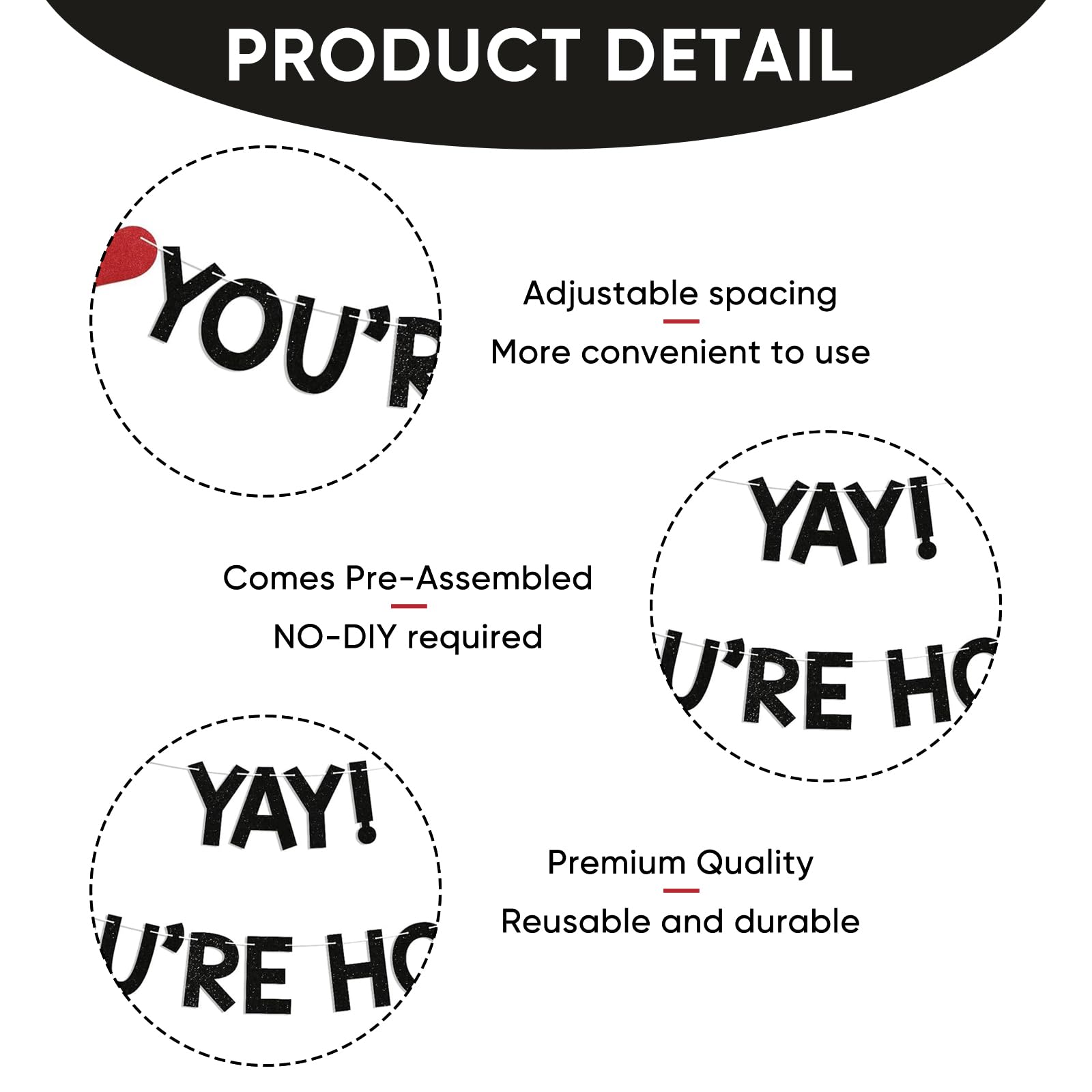 Welcome Home Banner Black Glitter, Yay! You’re Home Garland for Welcome Back Party, Reusable Paper Decoration for Door & Wall - Image 3