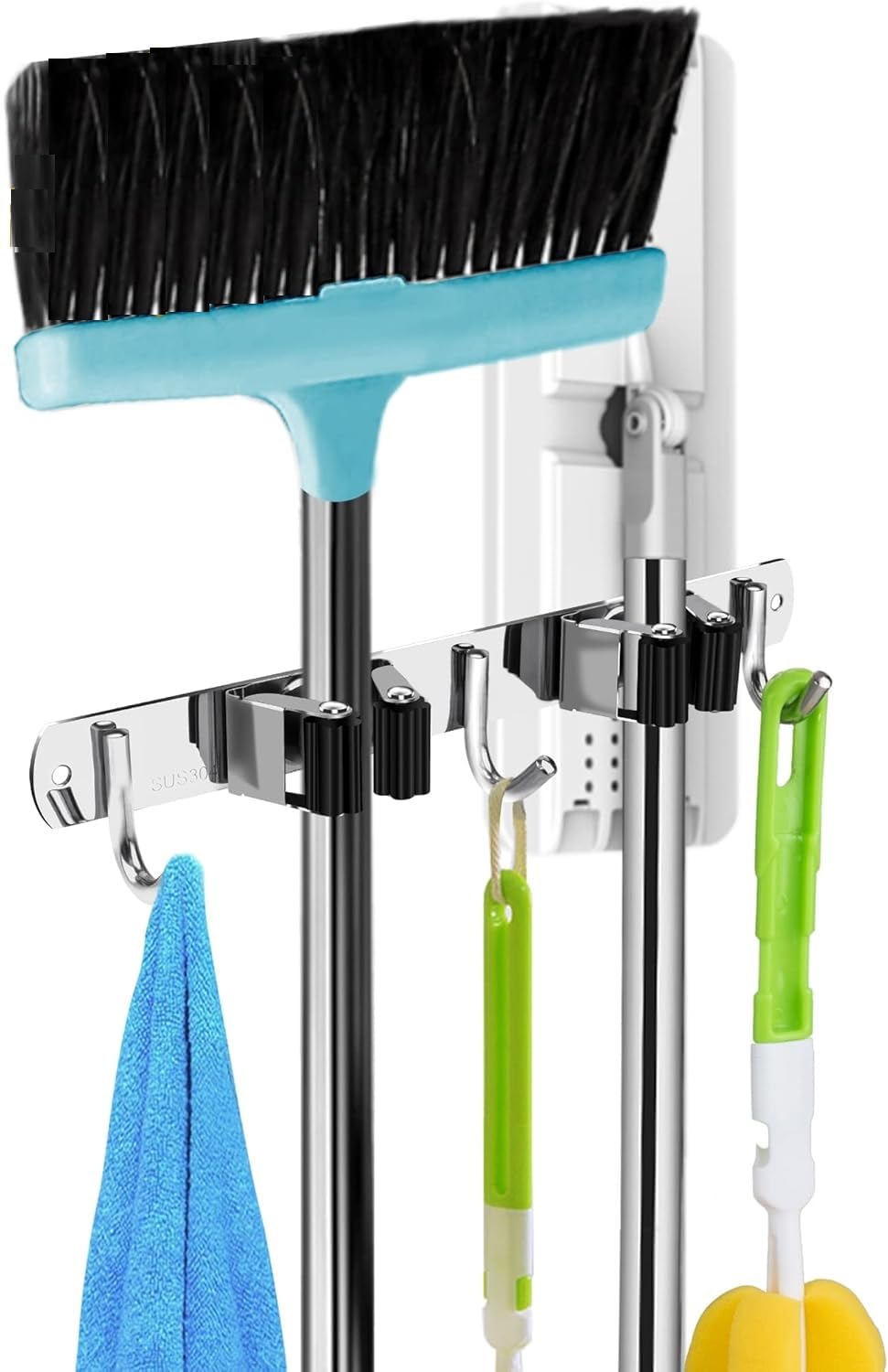 2 Racks and 3 Hooks Broom and Mop Holder Wall Mounted Garage Organizer Storage Tool Racks Stainless Steel Heavy Duty Hooks Self Adhesive Solid Non-slip Wall Hangers for Home Kitchen Garden Laundry-image-28