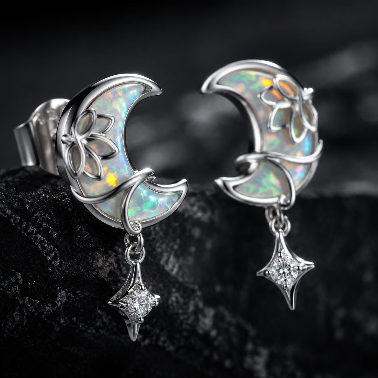 OHAYOO Opal Ohrringe 925 Sterling Silber Mond Lotus Ohrstecker Ohrringe Opal Blumen Mond Schmuck für Damen Mädchen