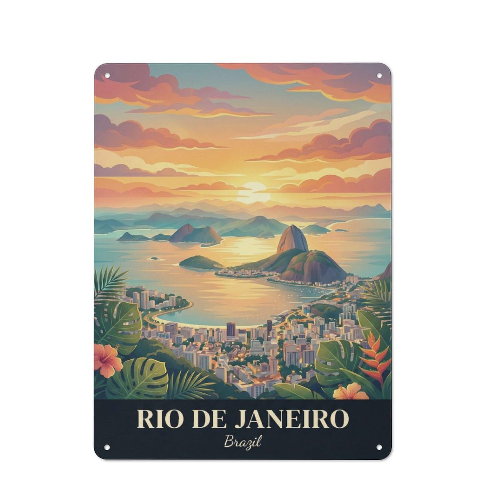 Junmoney Style-12 Tin Wall Plaque 40X30cm With Rio De Janeiro Sunset Cityscape For Hallway Wall, A Decorative Metal Sign For Hallways And Entrance Areas