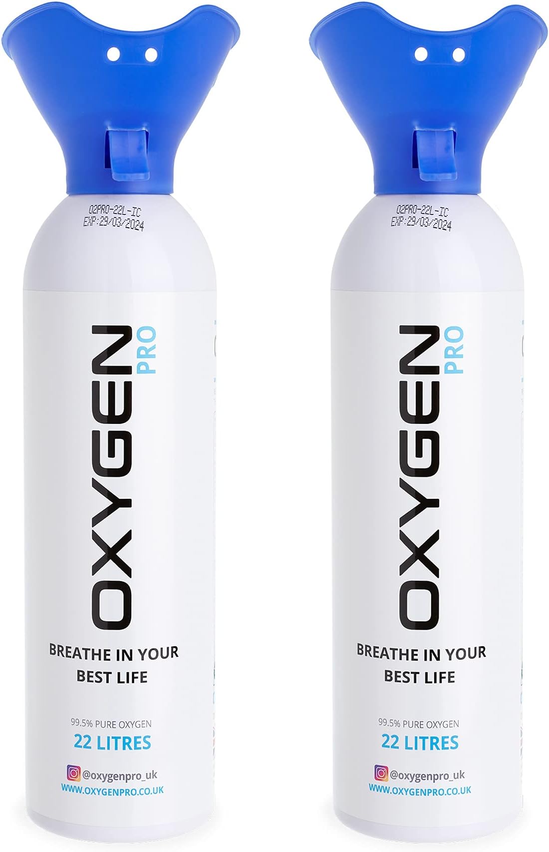 Oxygen Pro Canister with Inhaler Cup - 2 x 22 litres of 99.5% Pure Oxygen Cylinder - Patented Compact Compression Tech - Improves Concentration, Performance, Recovery – Sport, Study & Travel