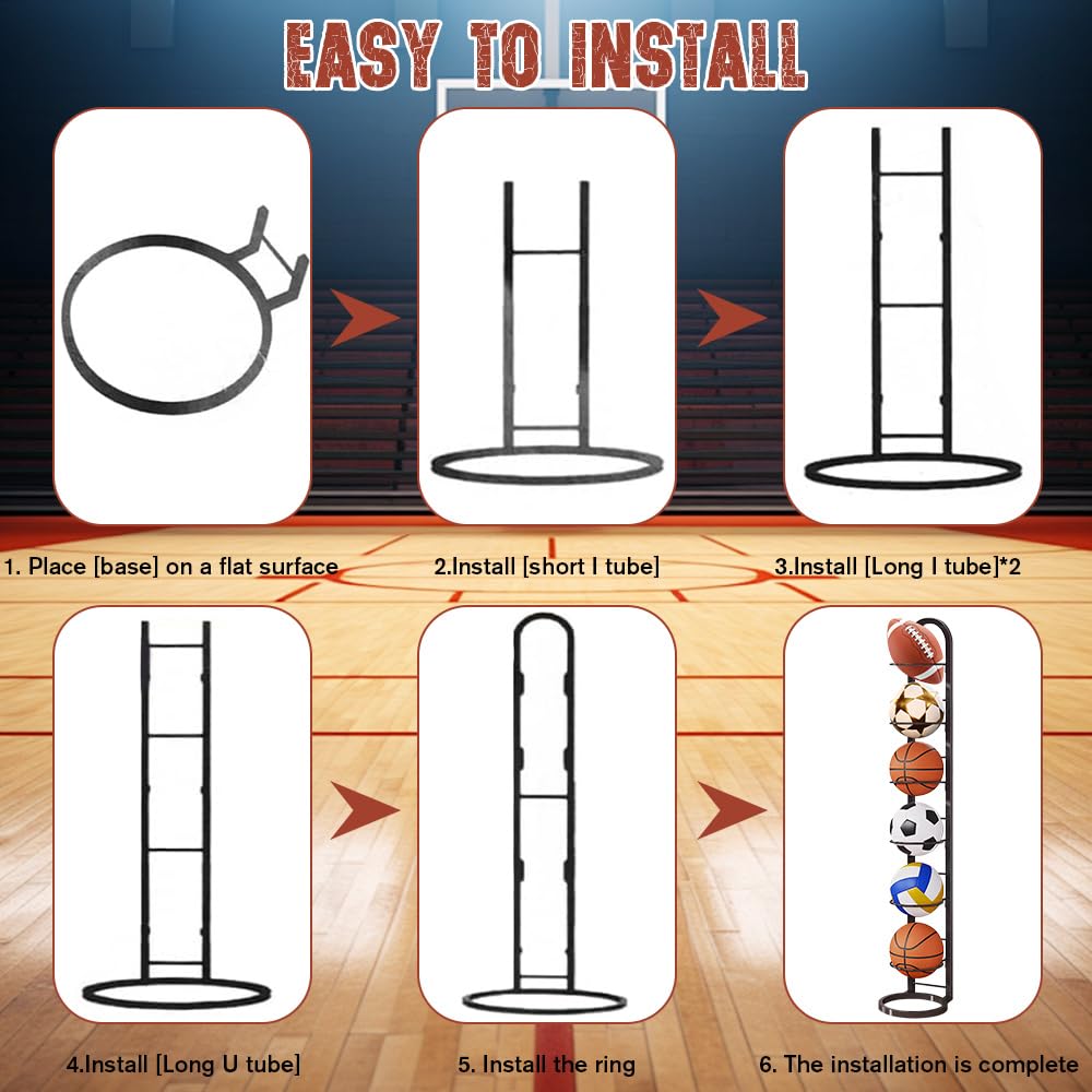 Support Ballon Basket Vertical 6 Niveaux, Range-Ballons Amovible pour Basketball Football