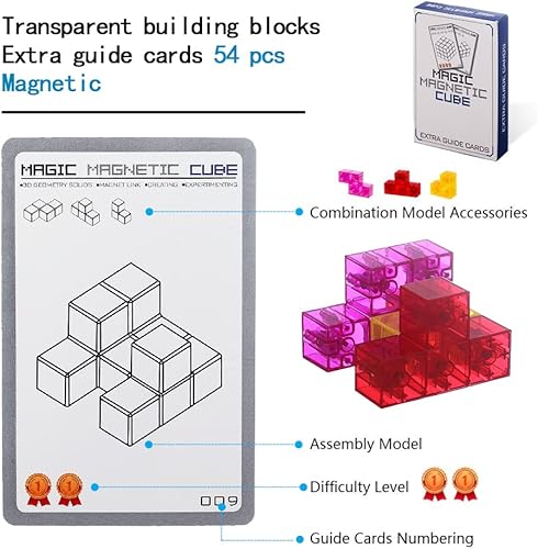 Miniatura 5 de Bloque de construcción magnético, cubo transparente con 54 tarjetas guía, diferentes formas, adecuado para mayores de 3 años y desarrollo de