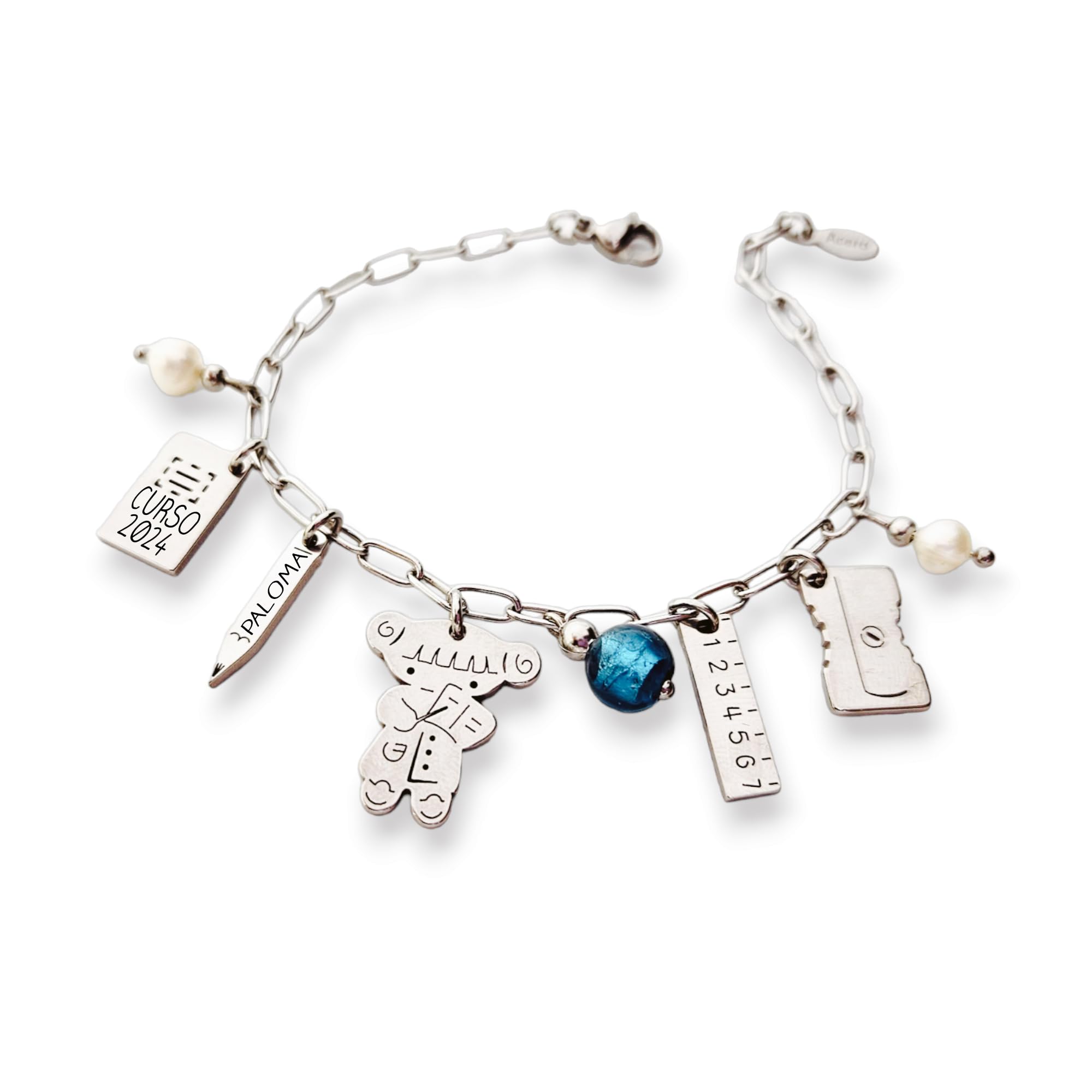 Pulsera PROFESORA de cadena, ajustable, acero inoxidable y cristal de murano. Modelo CUCQUI-2. Regalos para profesores. Regalos fin de curso.