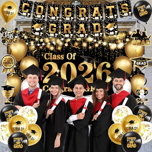 Image of DARUNAXY Black Gold Graduation Party Decorations, Gold Class of 2026 Graduation Banner, 2026 Congrats Grad Honeycomb Hanging Swirl Confetti Balloon Congratulations Graduates Party Supplies(25PC)