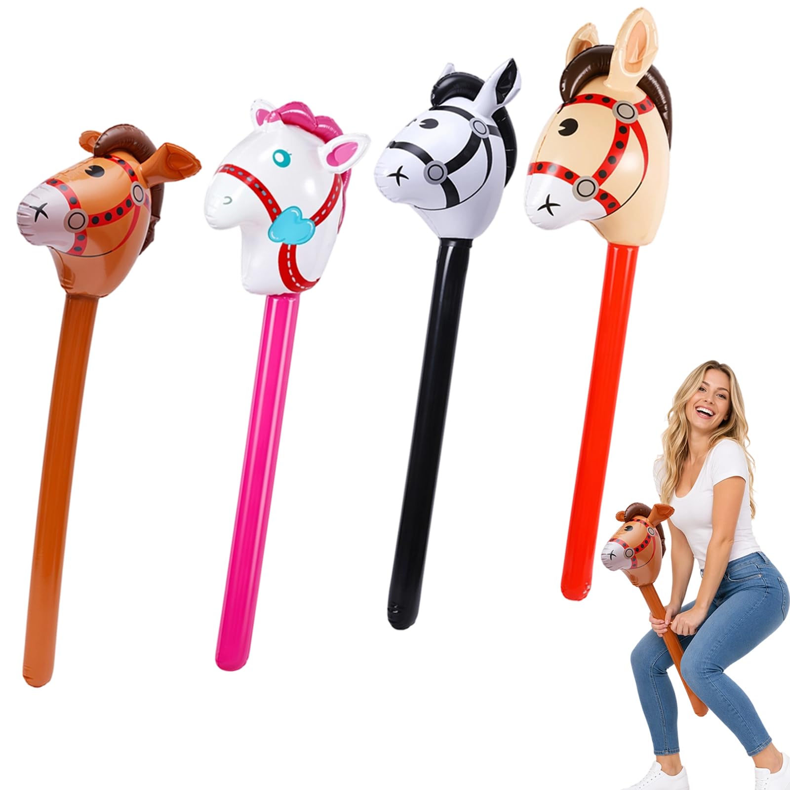 Blow Up Horse, Inflatable Hobby Horse, Four Large Inflatable Horses for Cowboy Themed Parties, Outdoor Games and Festive Celebrations, Photo Prop and Party Decoration Set