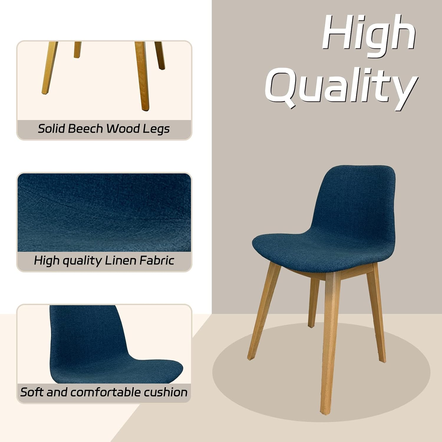 Modern Dining Chair Set of 2, Mid Century Nordic Style Side Chairs, Comfortable Upholstered and Beech Wood Legs, for Indoor Outdoor Kitchen, Living Room, Bedroom, Conference, Indigo