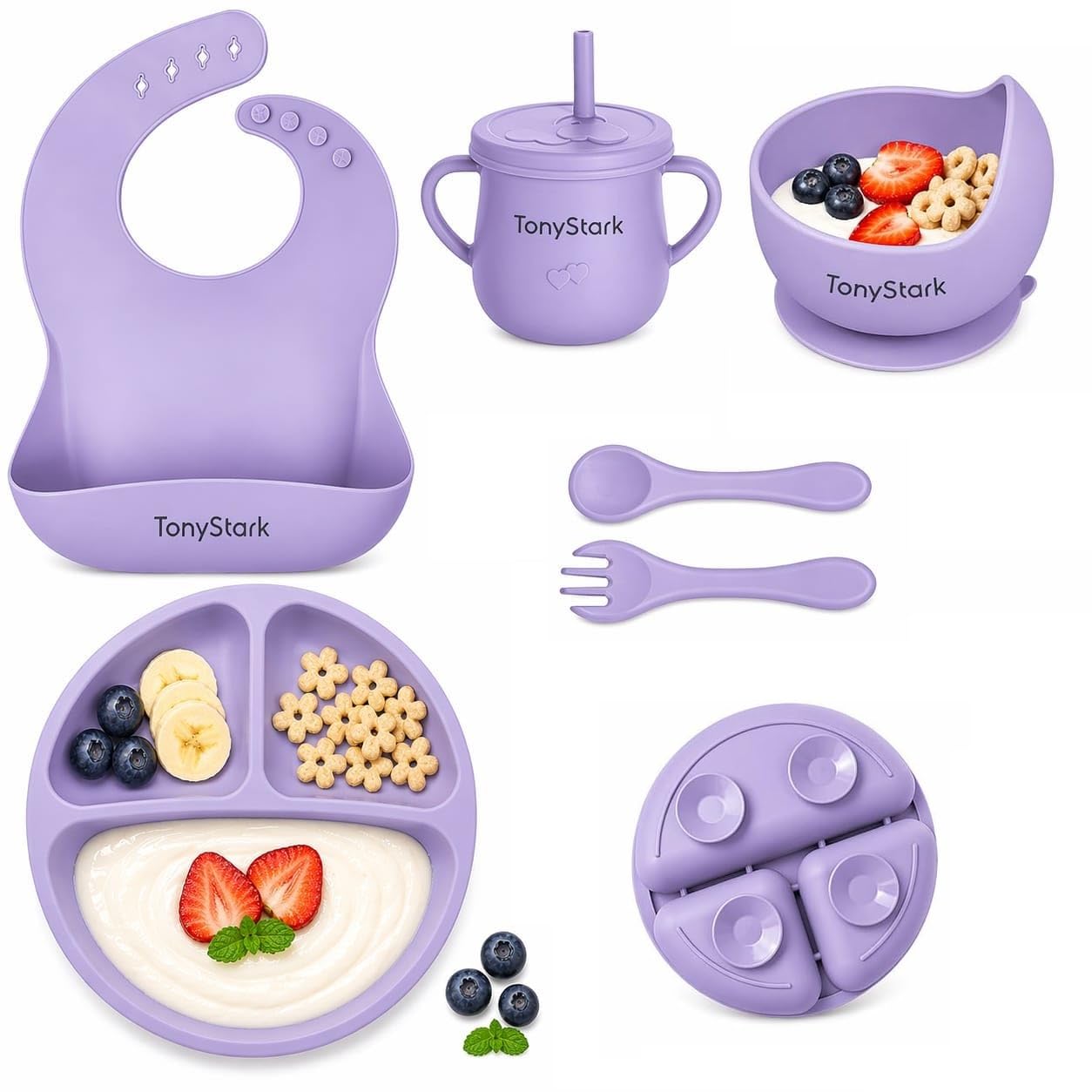 Tony Stark 7 Pcs Silicone Baby Feeding Set Bpa-Free,Microwave Safe,Anti-Slip Base | Complete Tableware Kit for Babies & Toddlers with Suction Plate,Bowl,Cup, Spoon,Fork & Bib (Lavender)-image-5