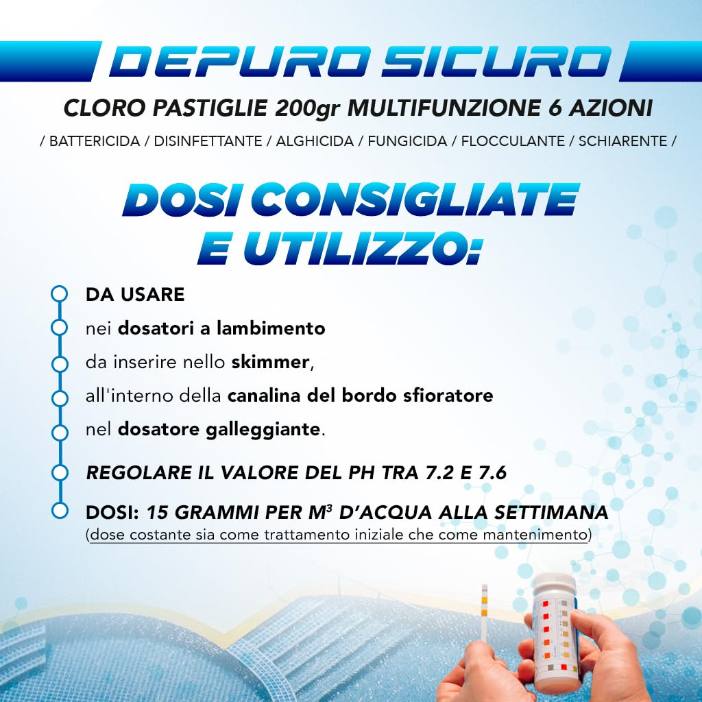 Depuro Sicuro kg 10 cloro Multifunzione 6 Azioni per Piscina Pastiglie da 200 gr
