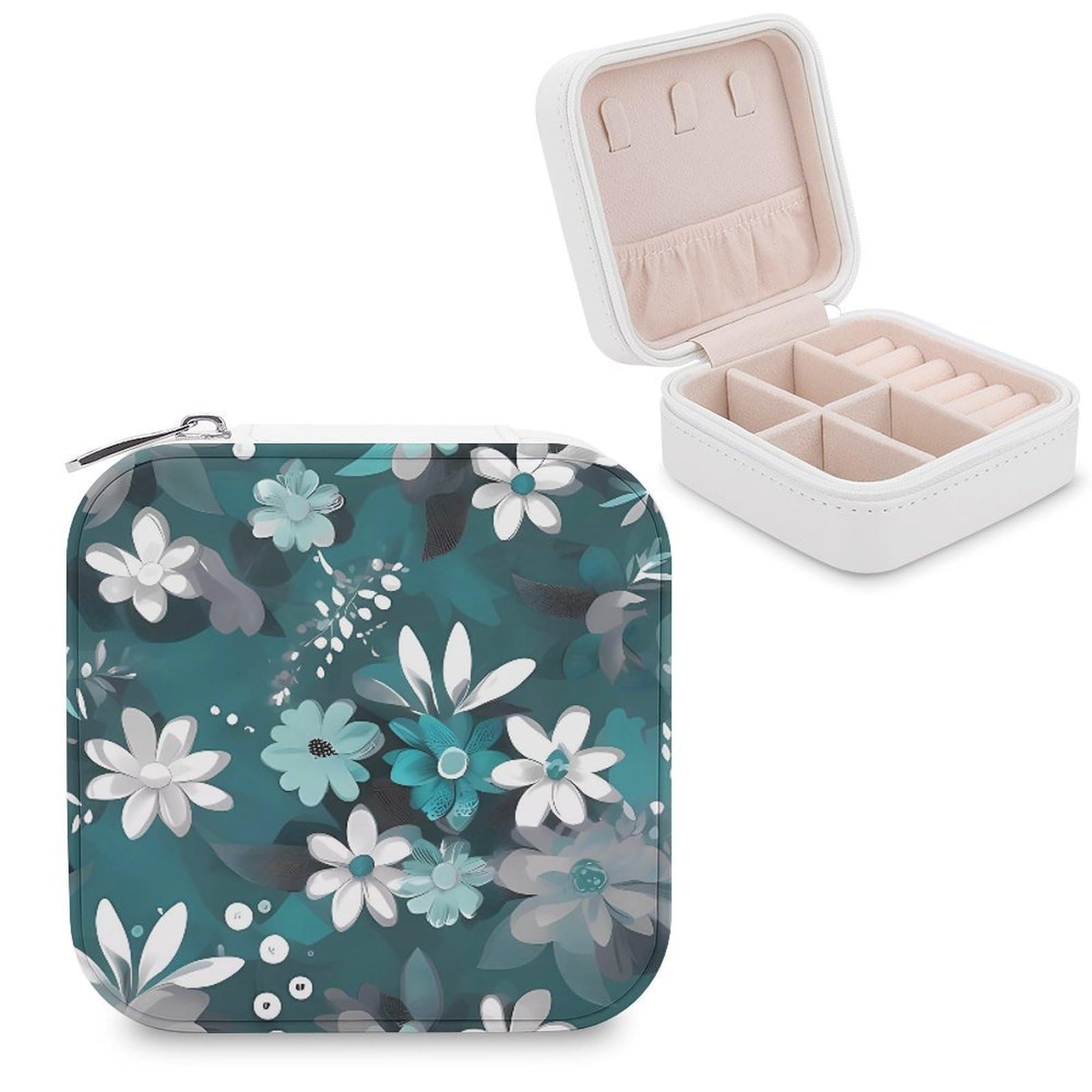 MUSM Teal Grey And White Floral_76917038 Travel Jewelry Case Personalized PU Leather Jewelry Boxes for Women Small Portable Jewelry Organizer Box Cute Trinket Box for Necklaces Rings Earrings & Gifts