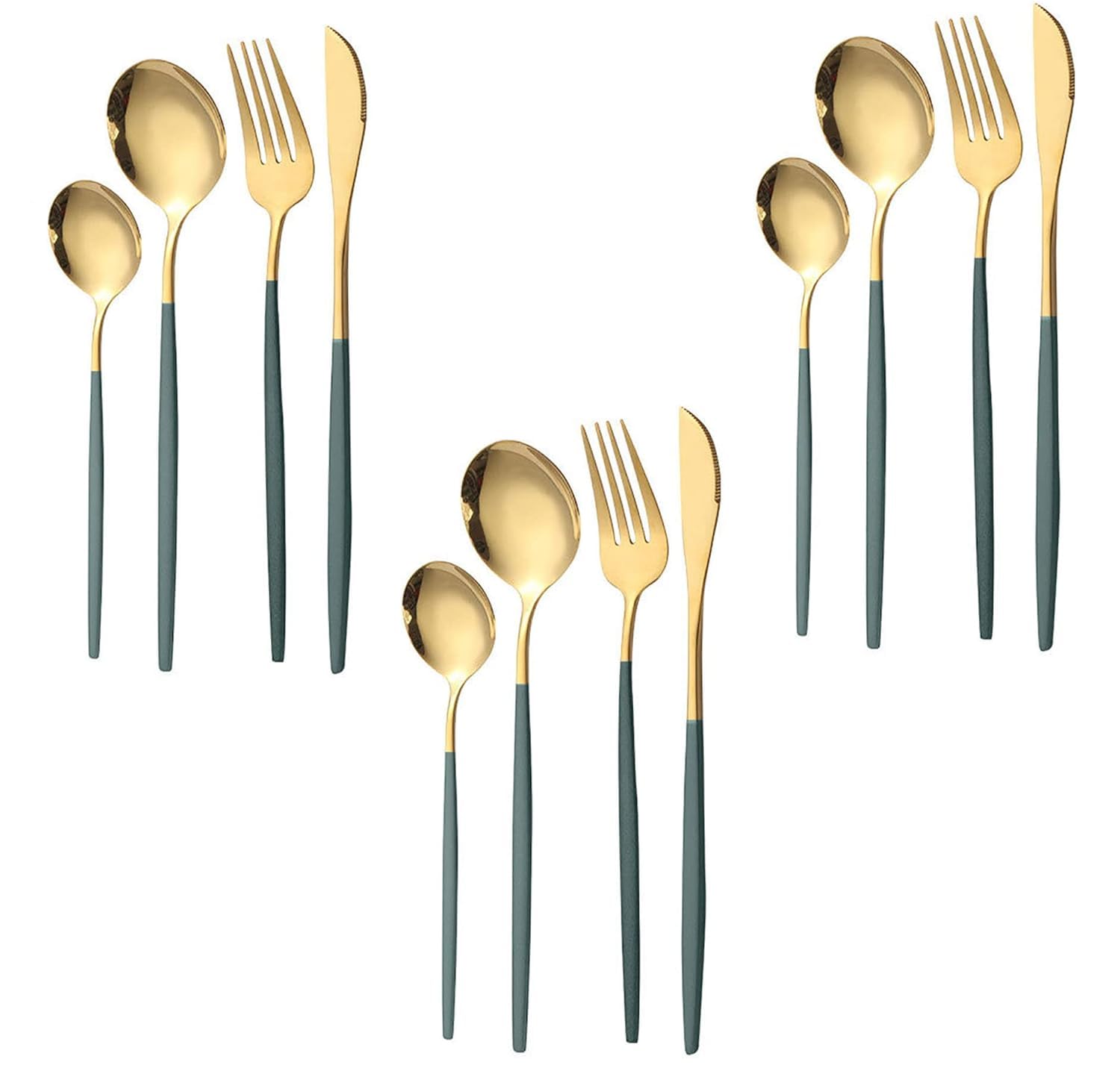 Clovis Stainless Steel Gold Silverware Flatware Cutlery Set with Colorful Handel,Mirror Finish Knife Fork Spoon Teaspoon (Green, 12)