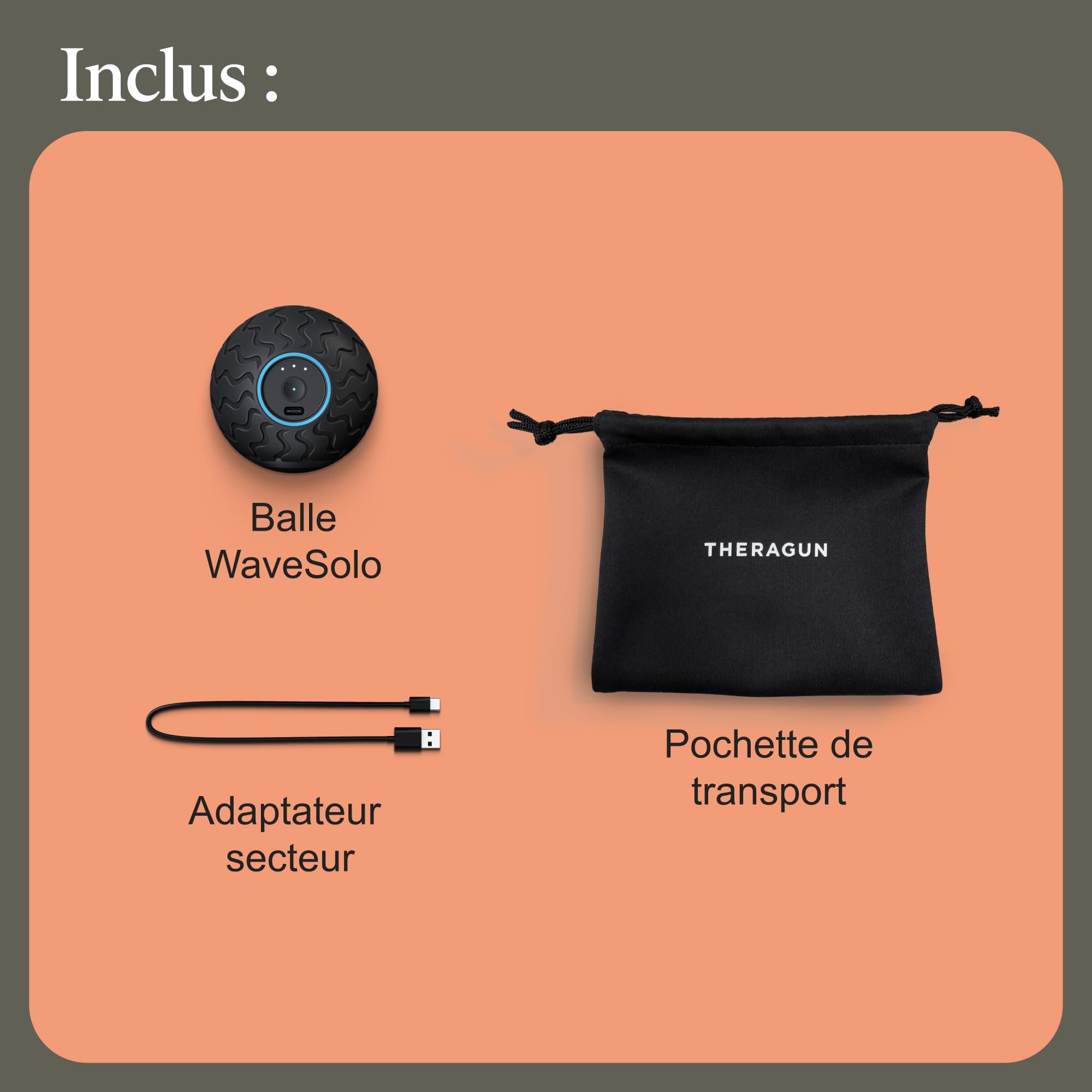 Wave Solo Série Wave - Appareil de massage portable pour les athlètes - Balle de thérapie par vibration - Technologie QuietRoll™ - 3 fréquences de vibration personnalisables dans l'appli Therabody