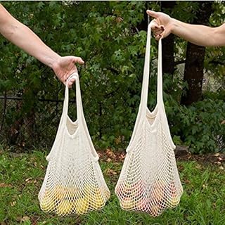 2 Pack Different Size Net Shopping Bag Cotton Market String Reusable Net Shopping Tote with Long Handles Washable Mesh Fruit Vegetable Pack of 2
